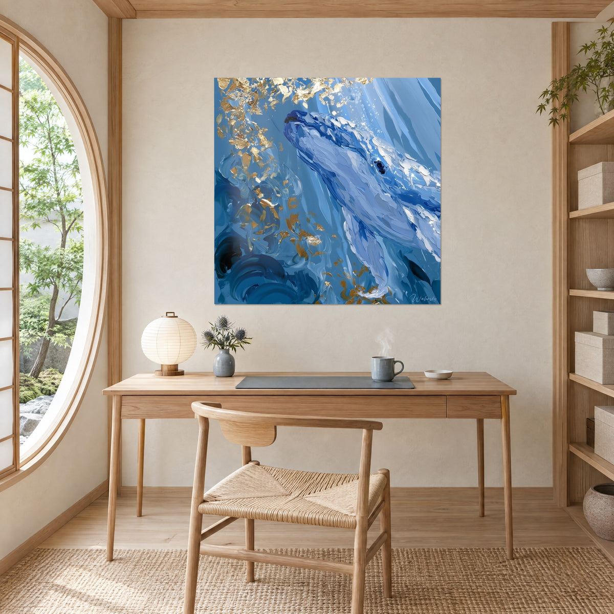 Quadro di leviatano in azzurro pallido e indaco, occhio scuro e pigmenti dorati, appeso alla parete di un ufficio in legno chiaro vicino a una finestra rotonda