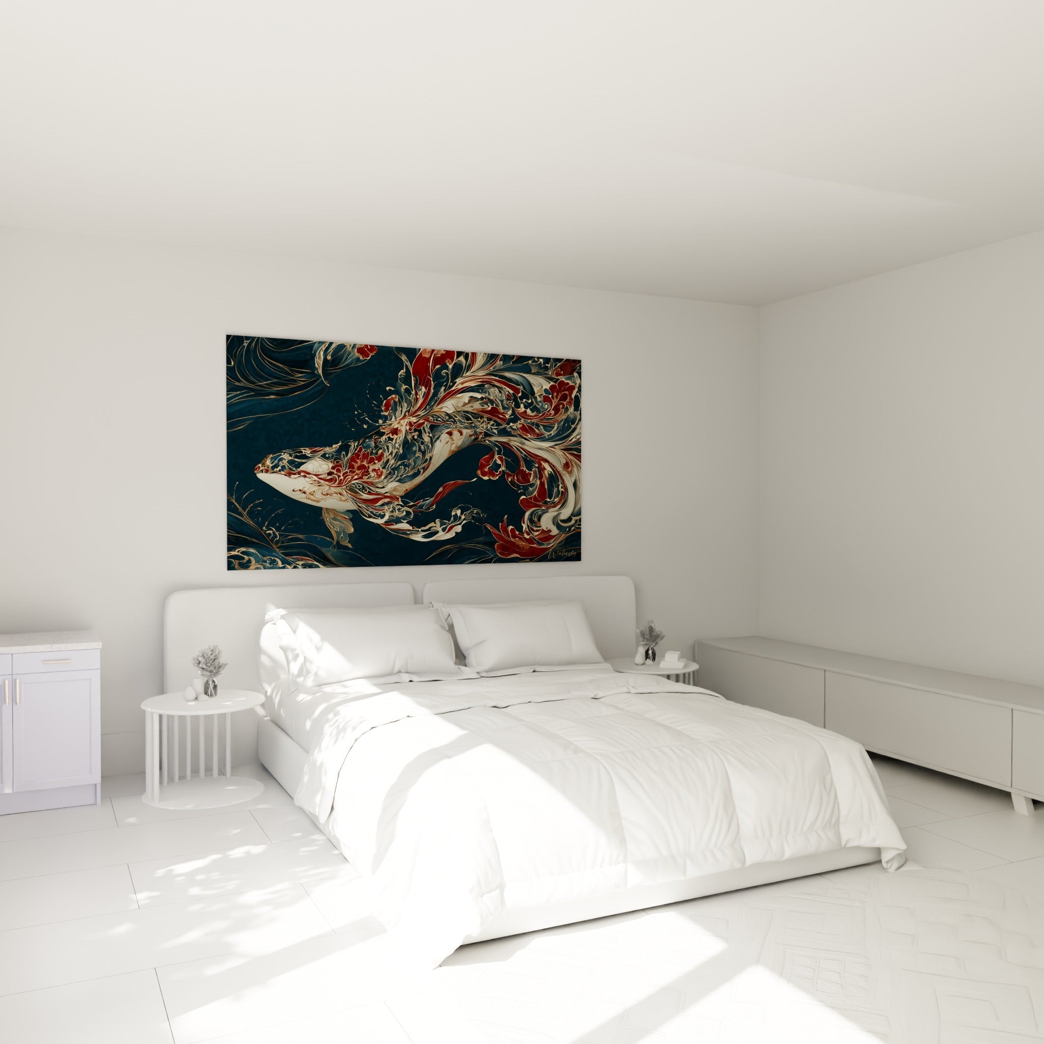 Cétacé stylisé aux volutes bordeaux et or au-dessus d'un lit dans une chambre claire