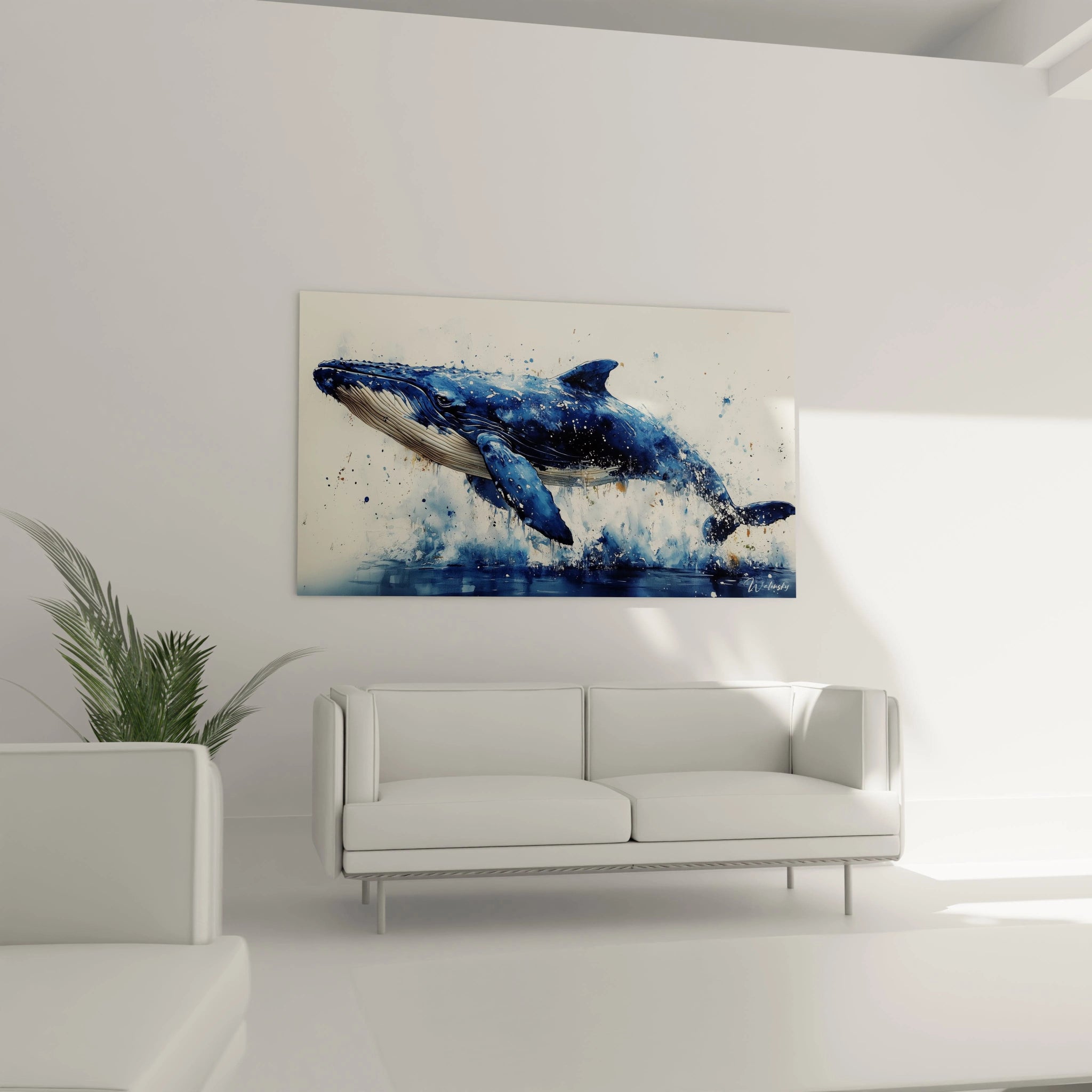 Tableau baleine de Walensky en bleu avec un effet d'éclaboussures sur fond clair