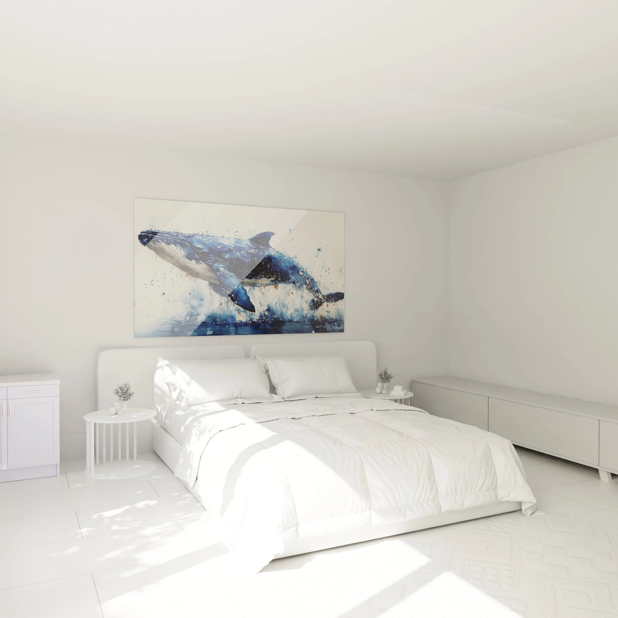 Tableau baleine Walensky en bleu, décor moderne pour chambre à coucher lumineuse