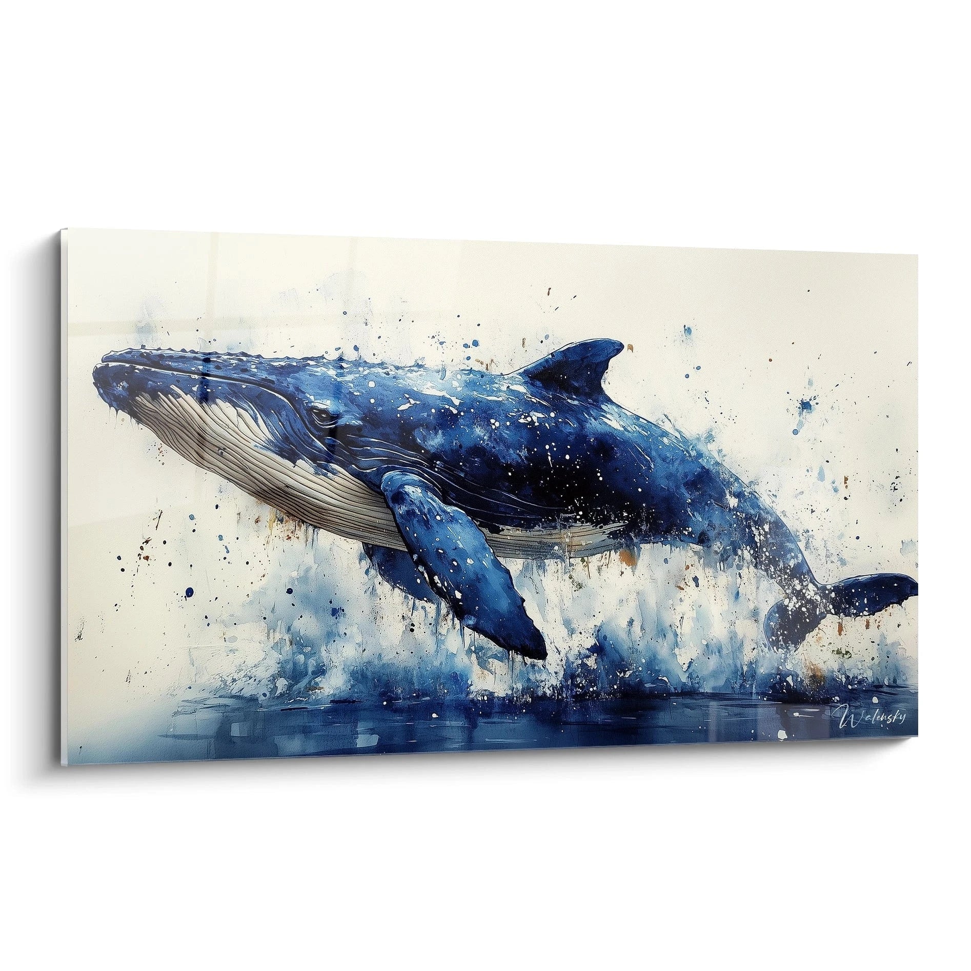 Tableau de baleine bleu avec des éclaboussures d'eau, crée par Walensky, parfait pour la décoration murale