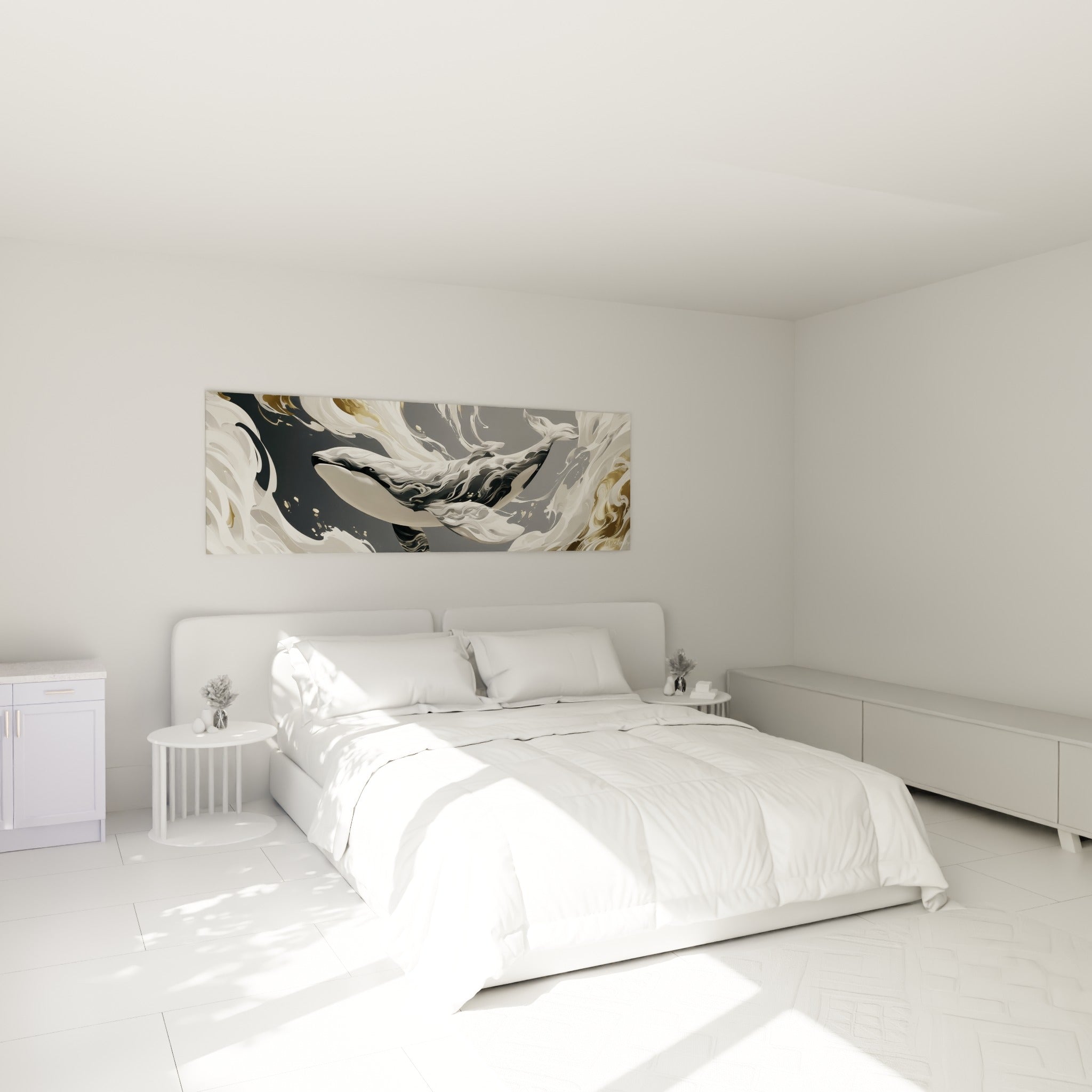 Cétacé marbré anthracite et doré glissant dans l'onde, au-dessus d'un lit dans une chambre claire