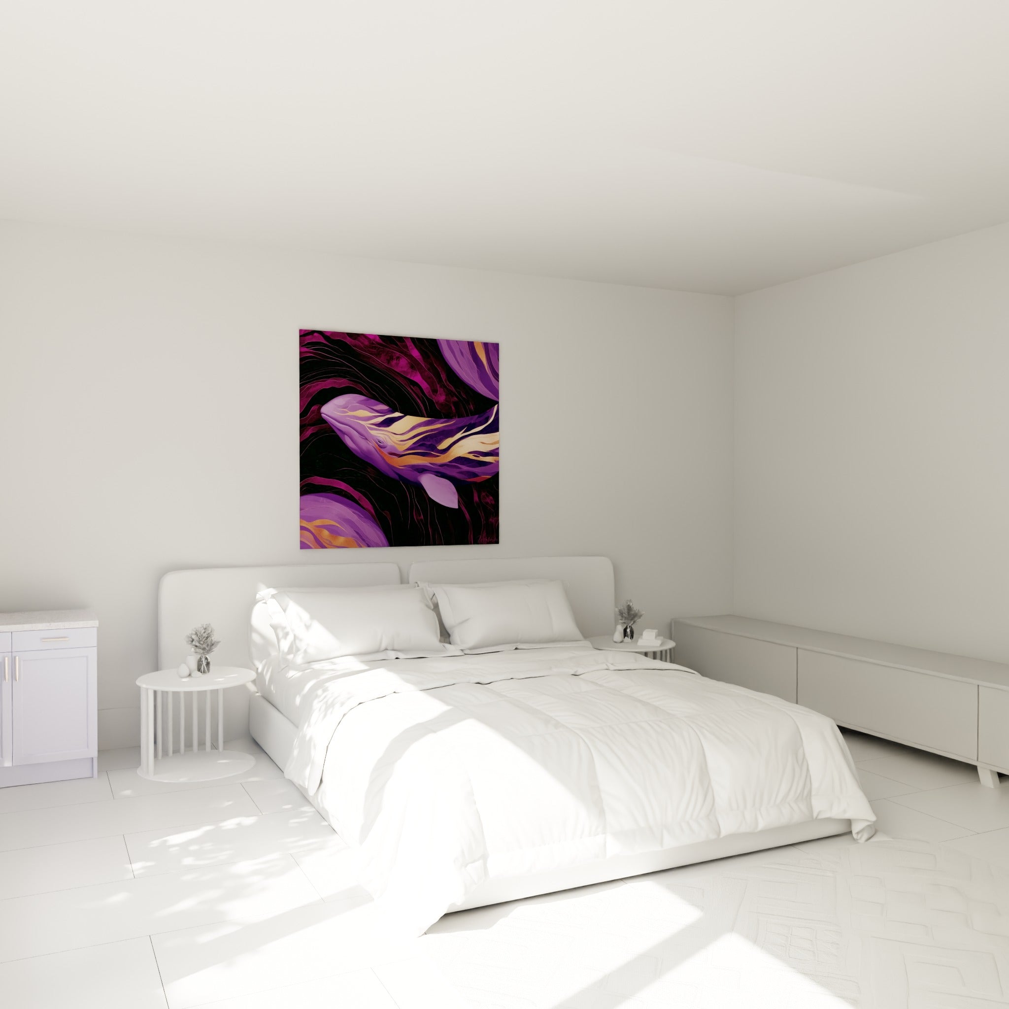 Silhouette de baleine mauve et or au-dessus d'un lit dans une chambre claire