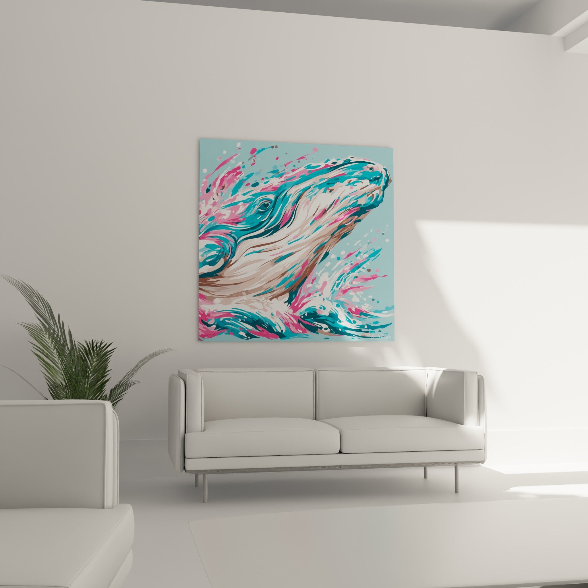 Mufle de baleine beige sable et turquoise éclaboussé de rose, suspendu au-dessus d'un canapé dans un salon lumineux