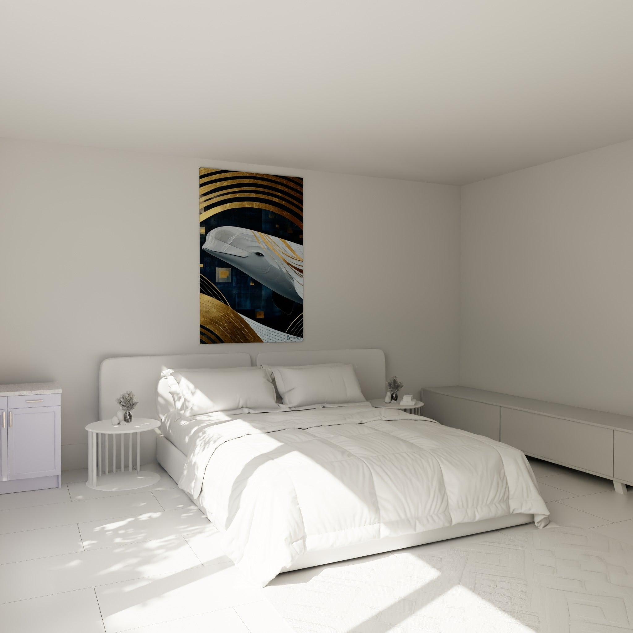 Cétacé blanc et gris nacré, sillonné de bandes dorées, au-dessus d'un lit dans une chambre claire