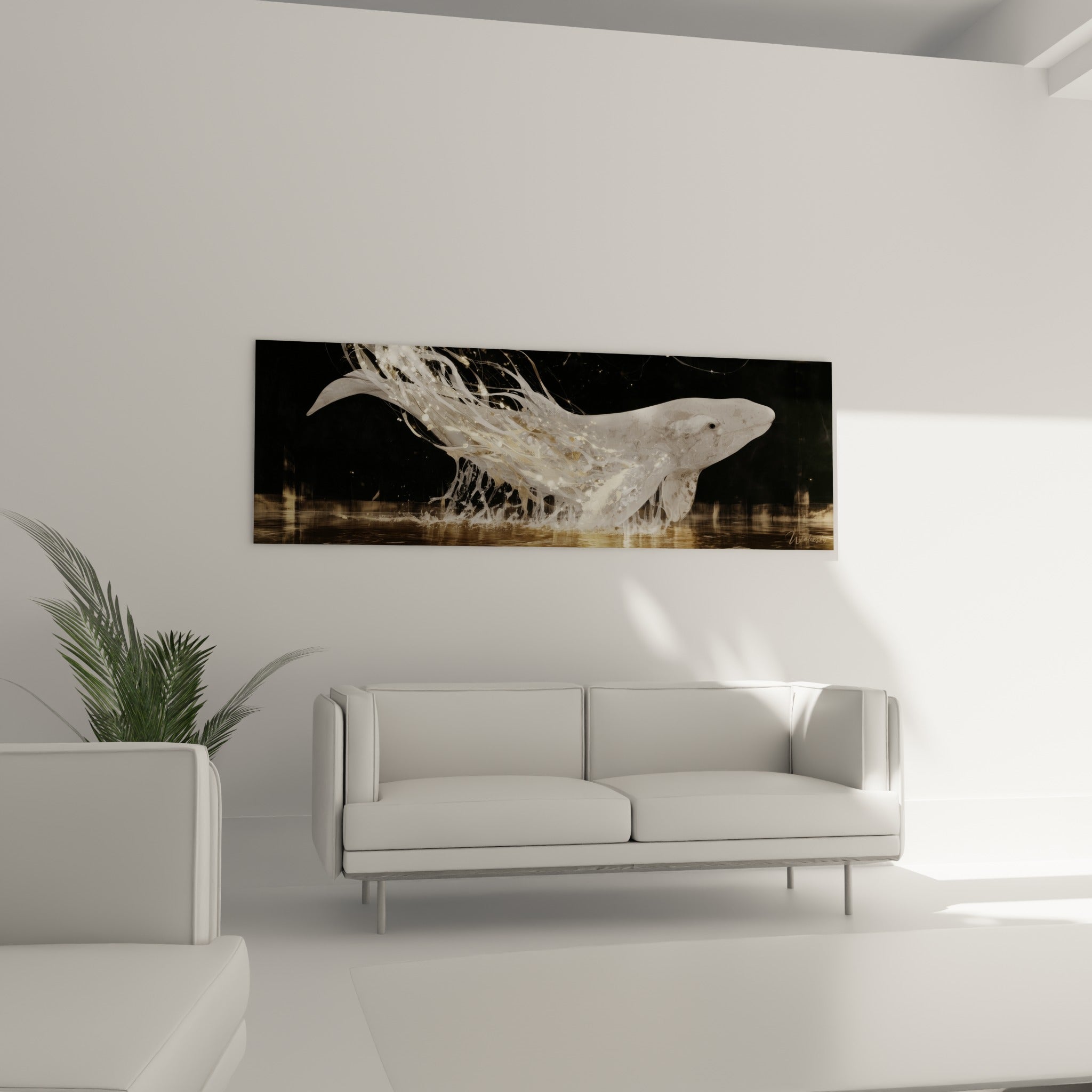 Créature marine blanche entourée de filaments dorés, suspendue au-dessus d'un canapé dans un salon lumineux