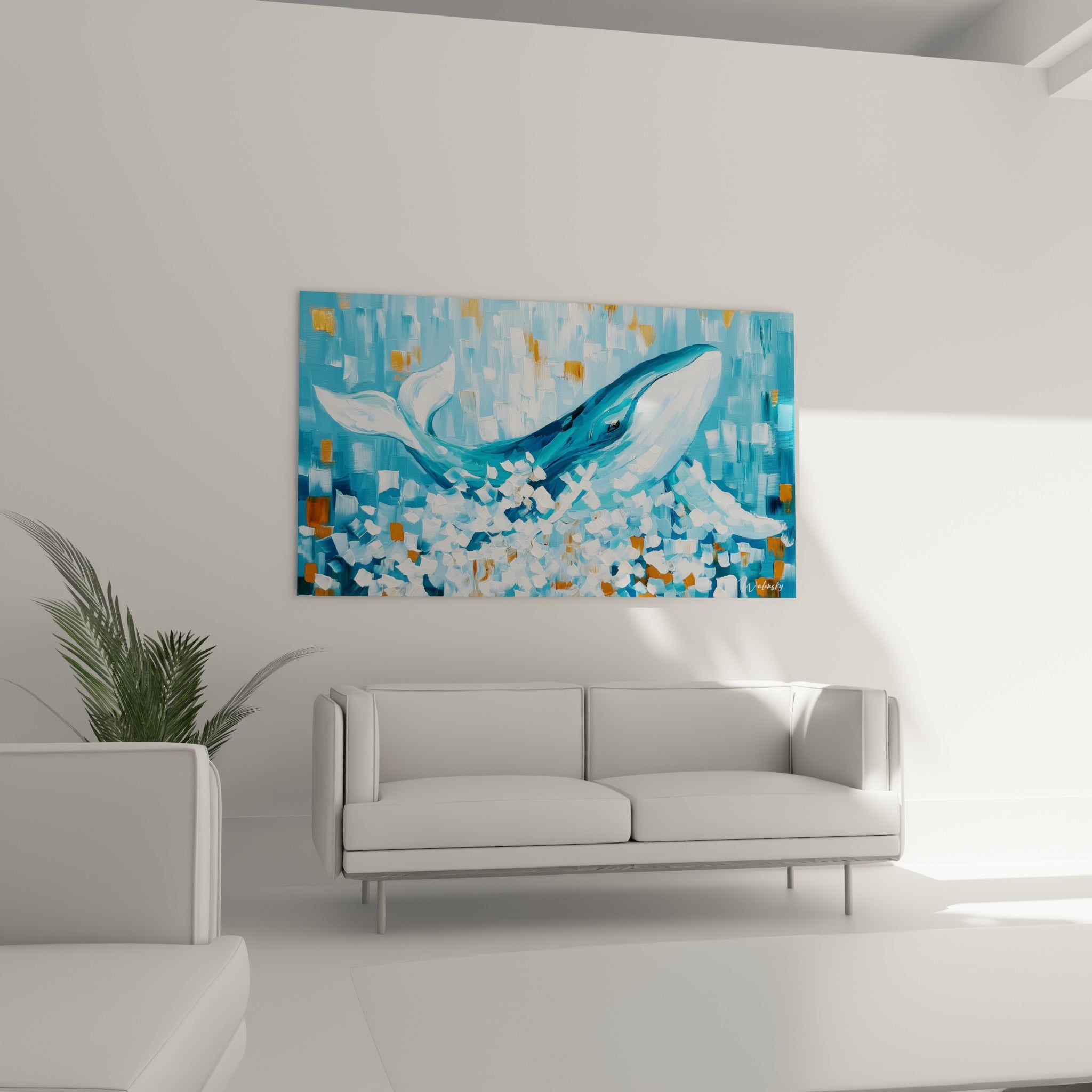 Mammifère marin turquoise et ocre suspendu au-dessus d'un canapé dans un salon lumineux
