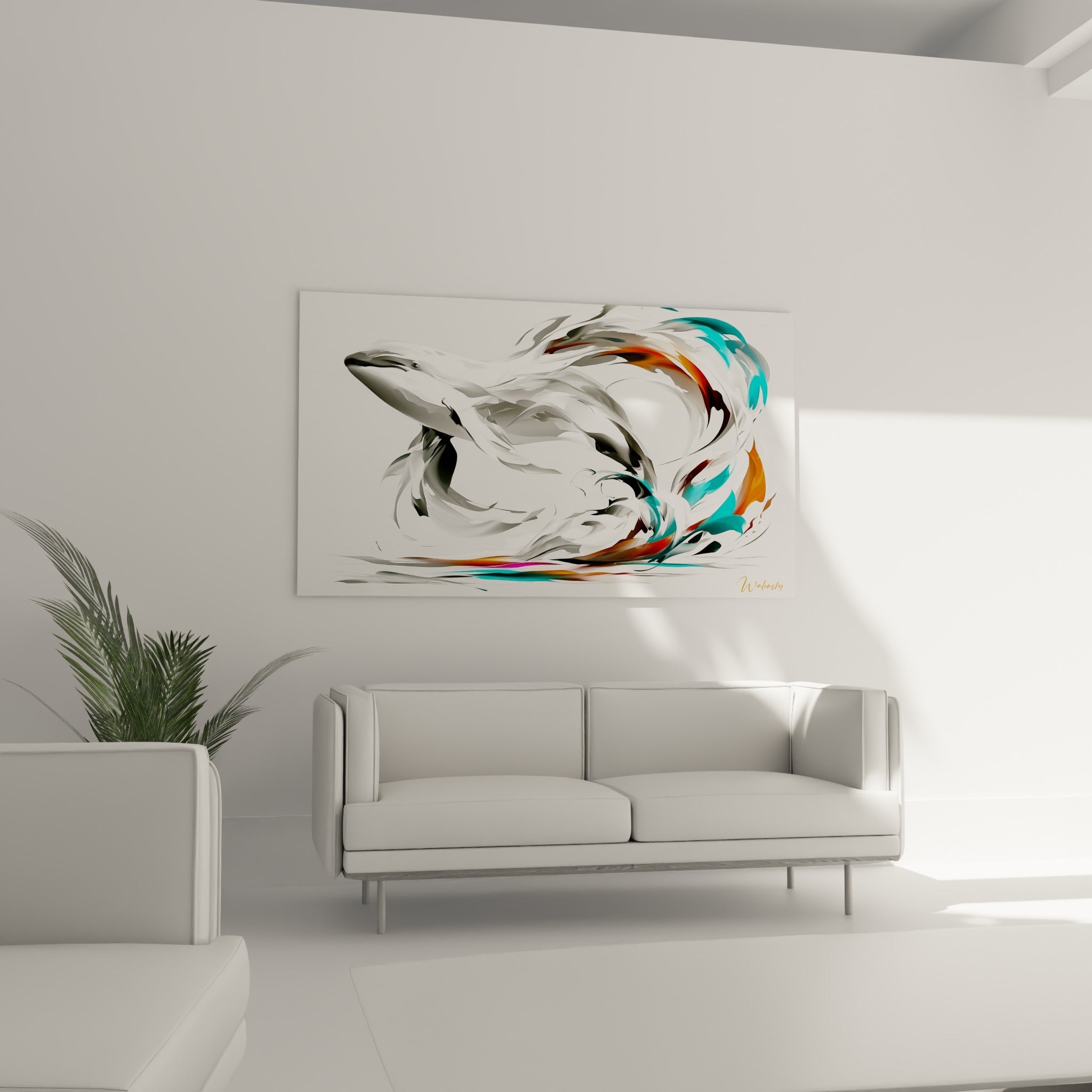 Courbes marines blanches et orangées d'une baleine stylisée, au-dessus d'un canapé dans un salon lumineux