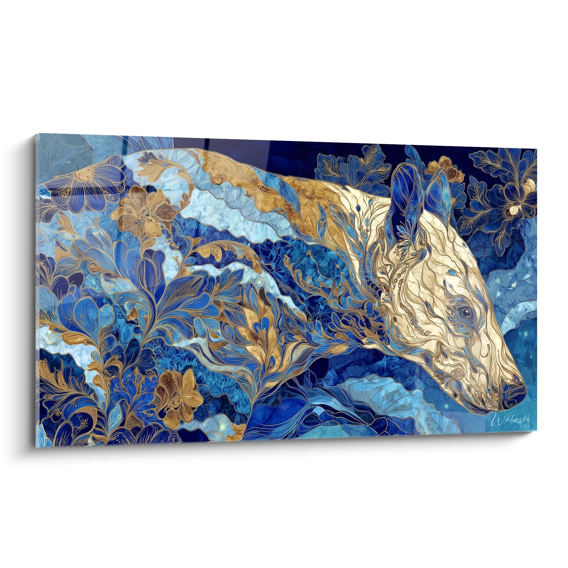 Tableau baleine ornementale dorée avec motifs floraux sur fond océan bleu art mural décoratif