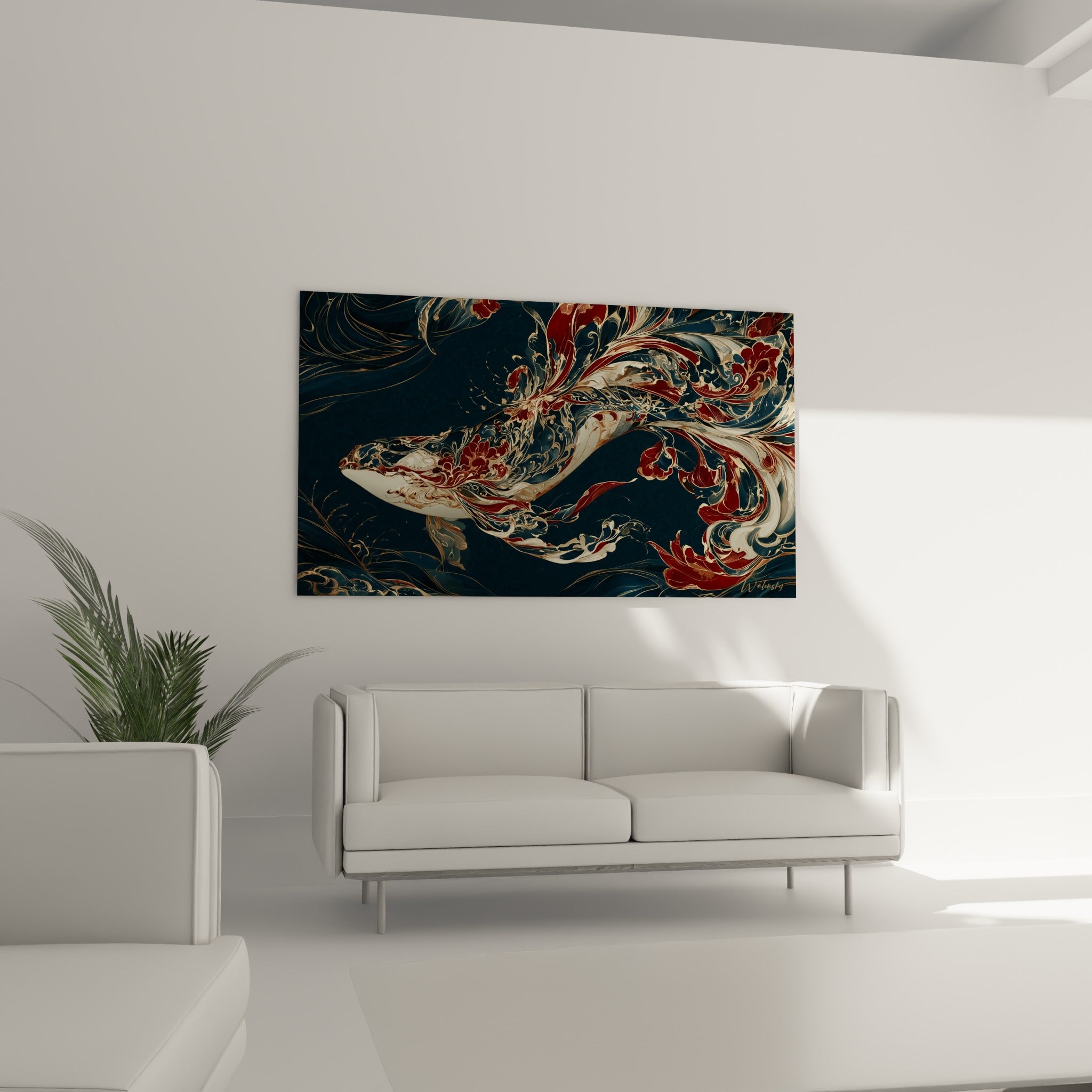 Silhouette marine bleu nuit et rouge carmin au-dessus d'un canapé dans un salon lumineux