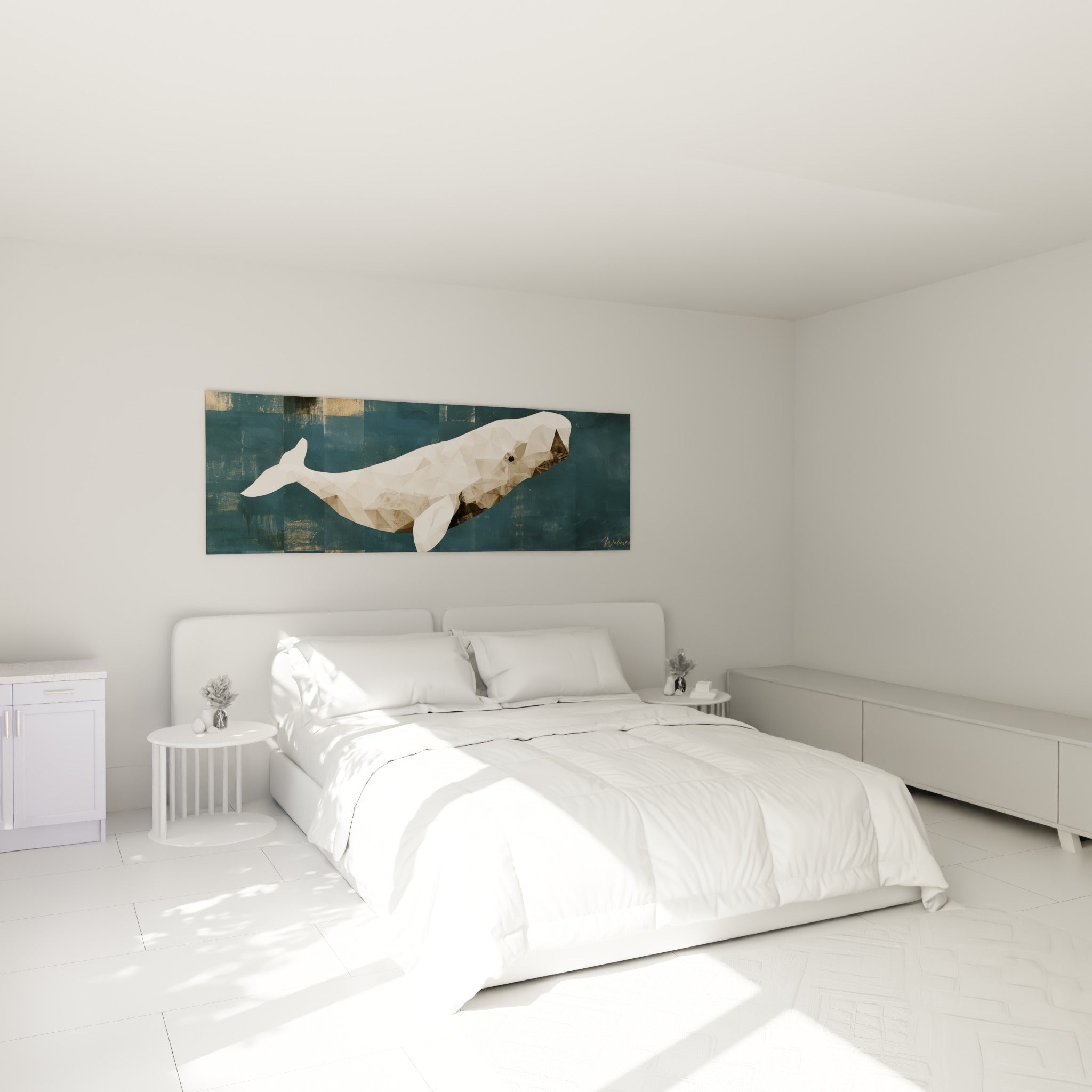 Silhouette de baleine beige et anthracite au-dessus d'un lit dans une chambre claire