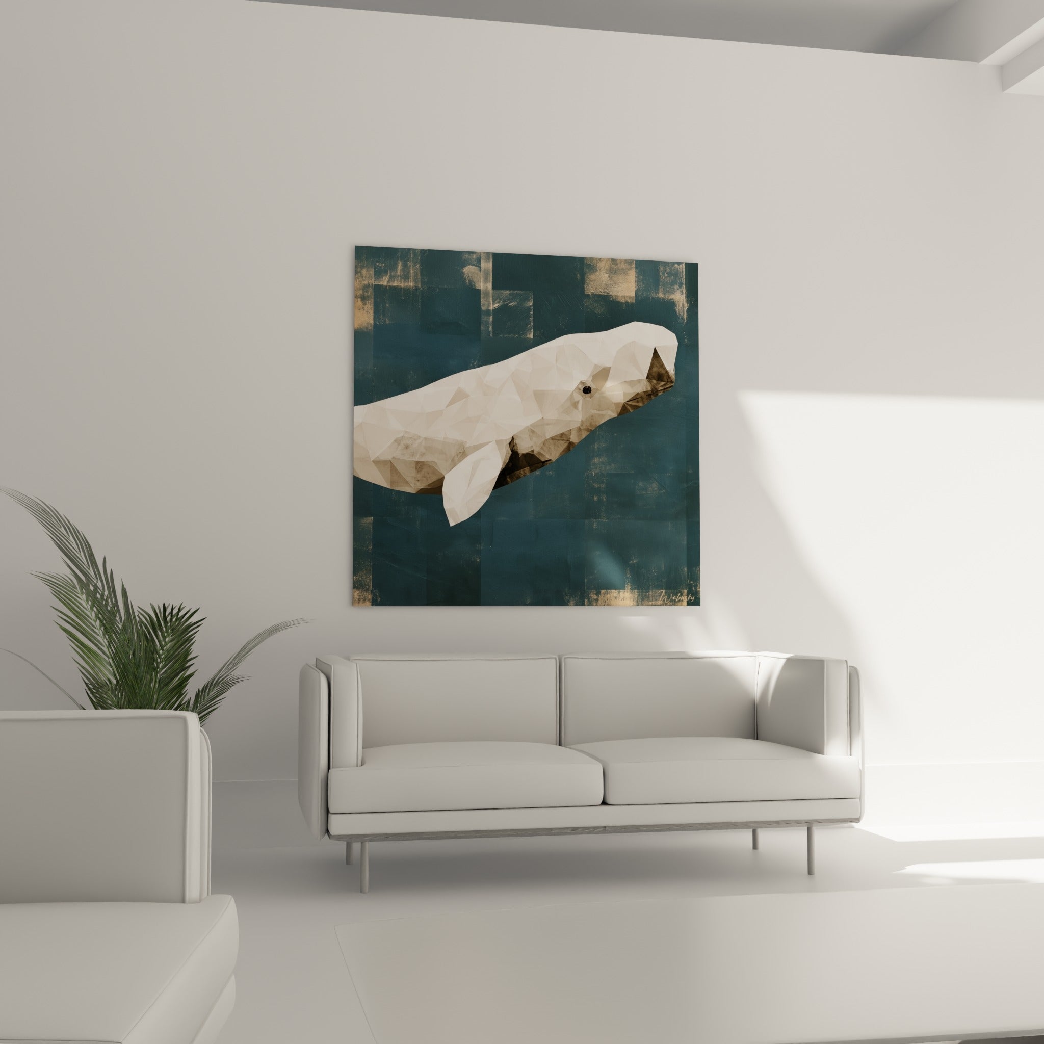 Corps facetté de la baleine en tons ivoire et anthracite, au-dessus d'un canapé dans un salon lumineux