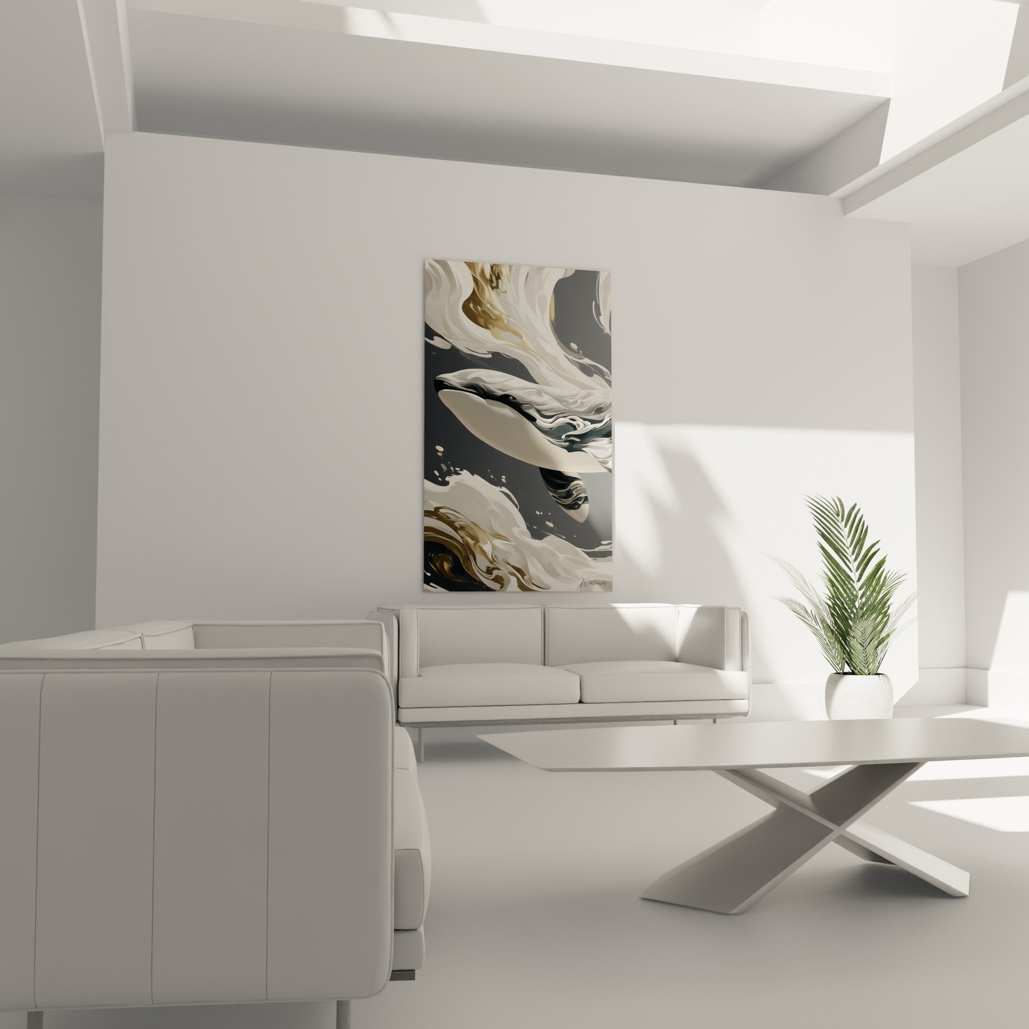 Silhouette marine anthracite traversée de blanc nacré et d'éclats dorés, au-dessus d'un canapé dans un salon lumineux