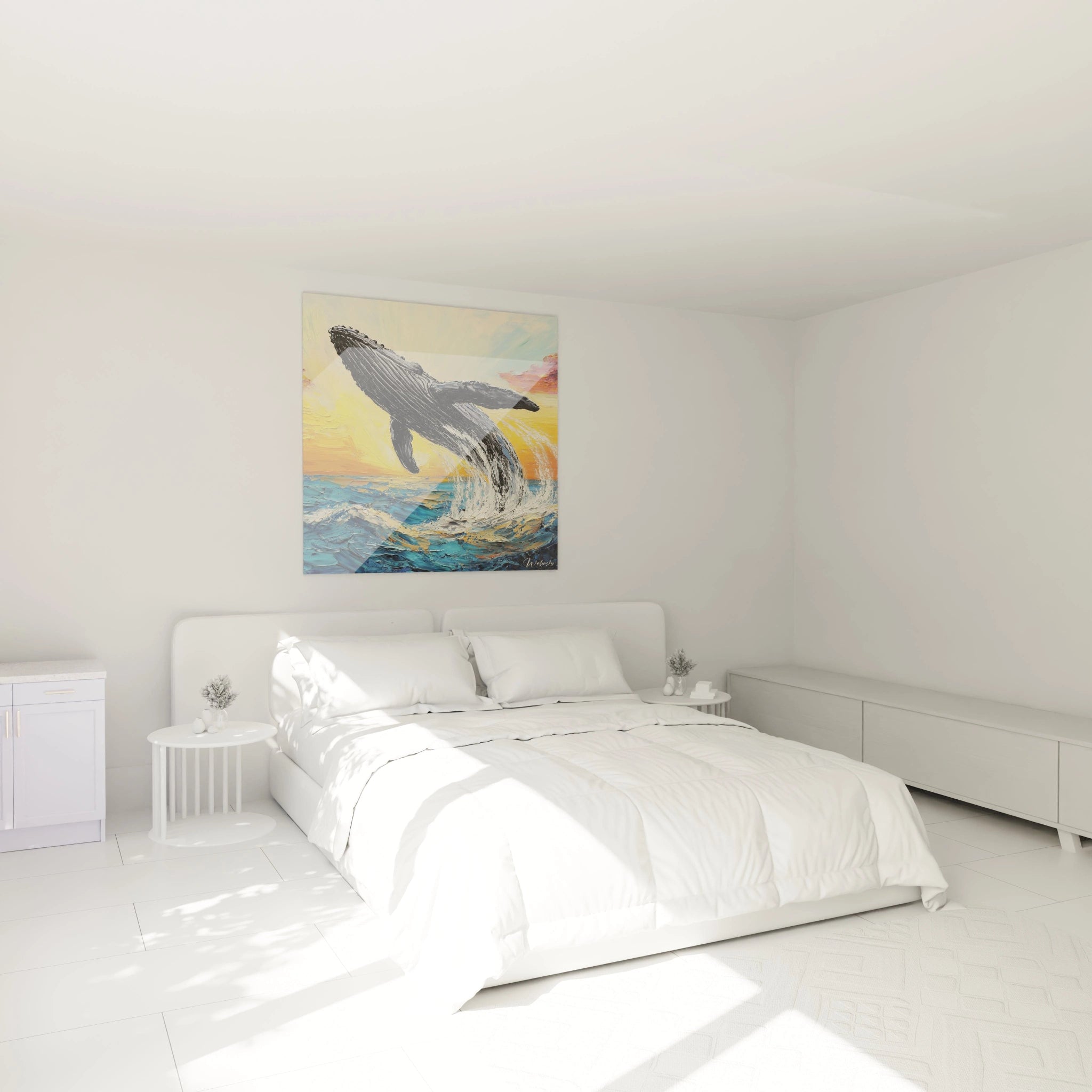 Tableau baleine de Walensky représentant un plongeon majestueux dans un décor marin