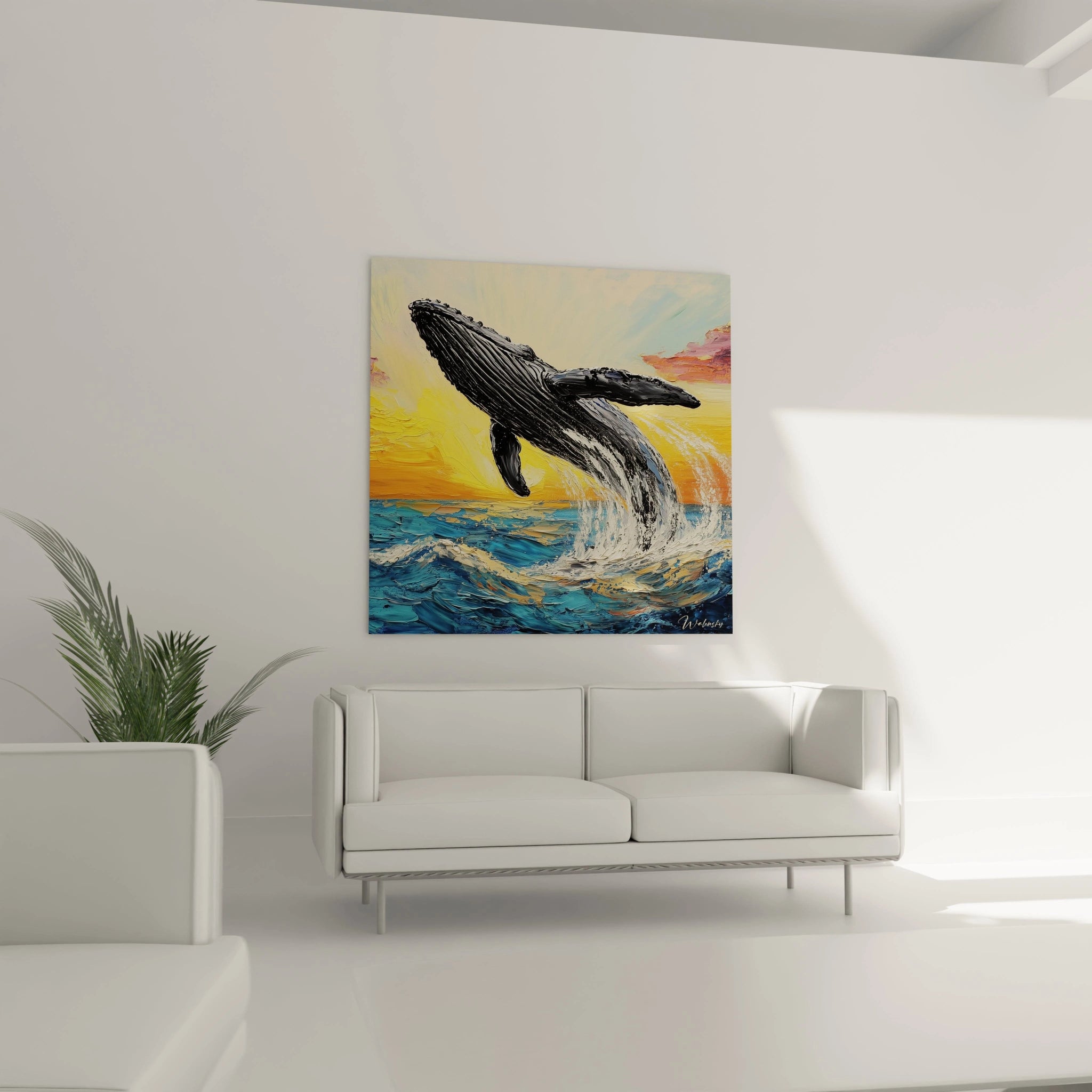 Tableau baleine Walensky représentant une baleine sautant hors de l'eau avec un ciel coloré