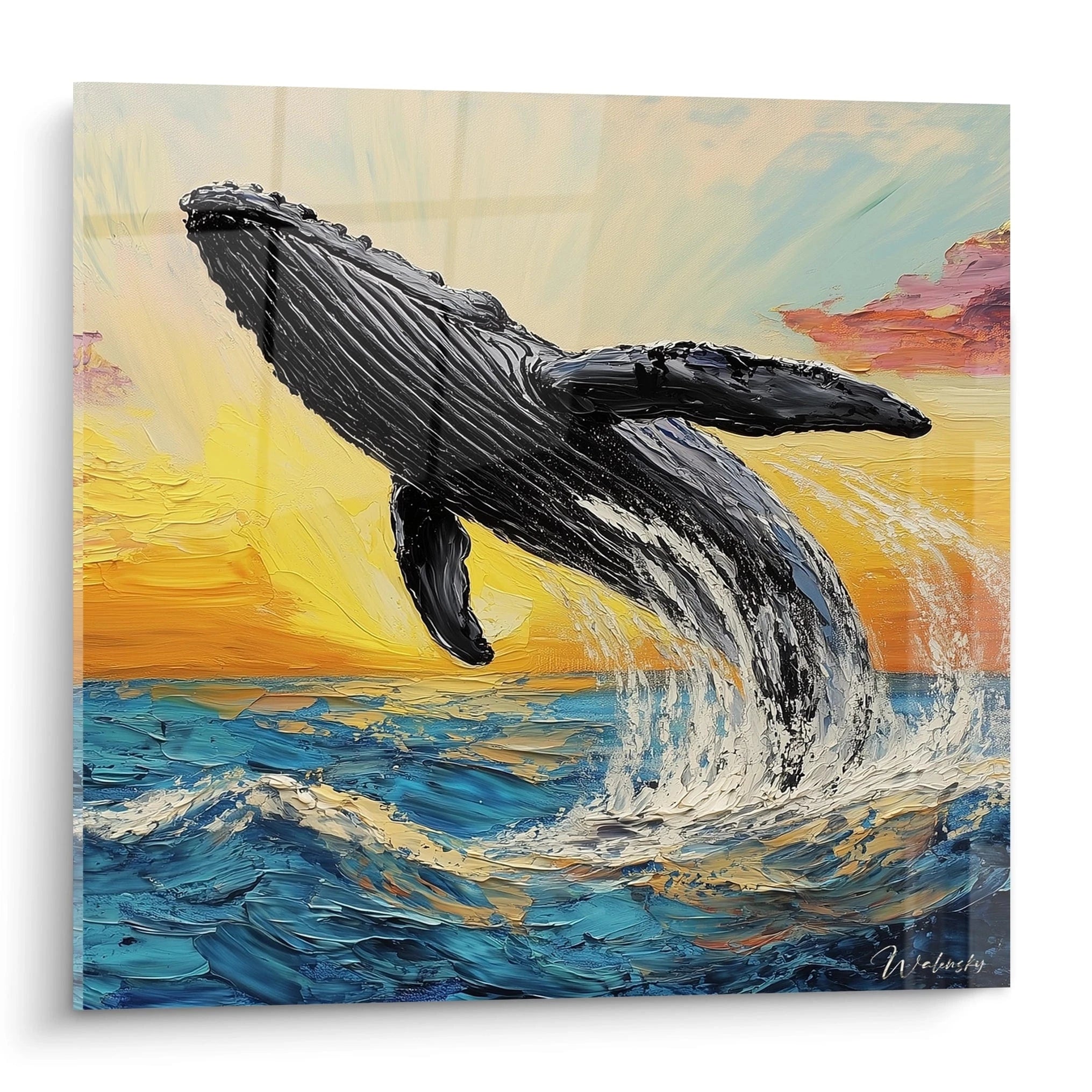 Tableau baleine en relief par Walensky, illustrant un souffle majestueux au coucher du soleil