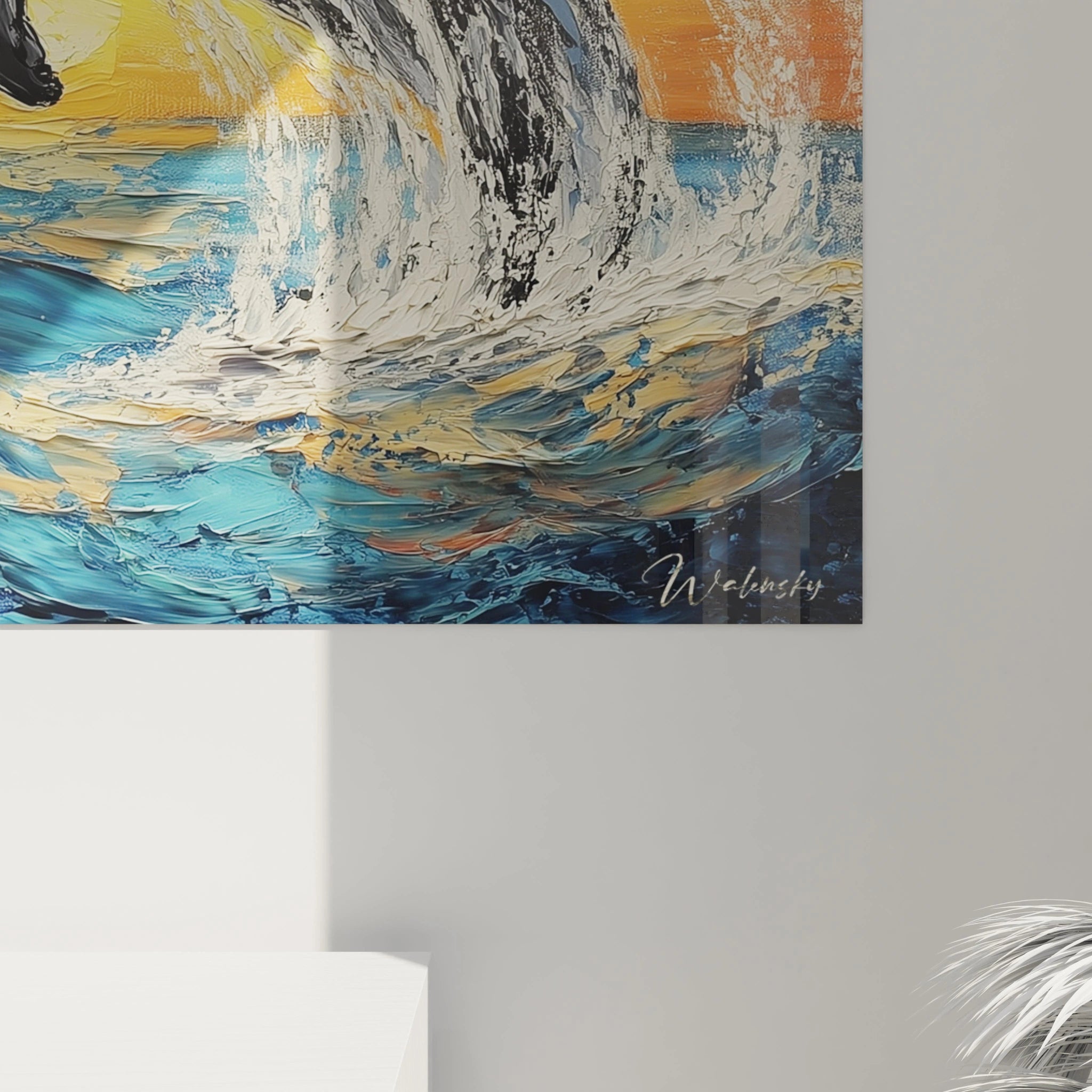Tableau baleine en mouvement dans l'eau avec un coucher de soleil par Walensky