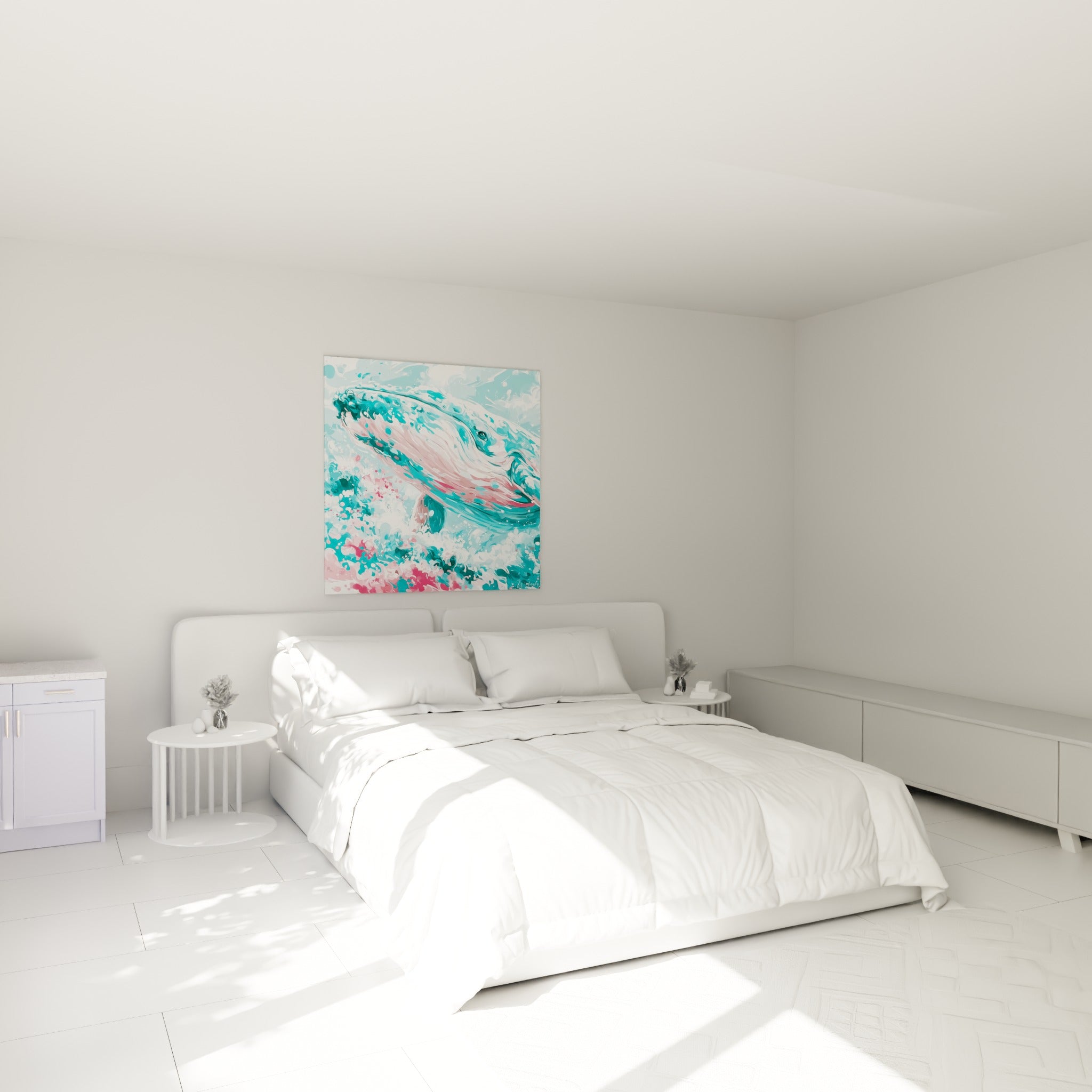 Cétacé rose pastel et turquoise en plein saut au-dessus d'un lit dans une chambre claire