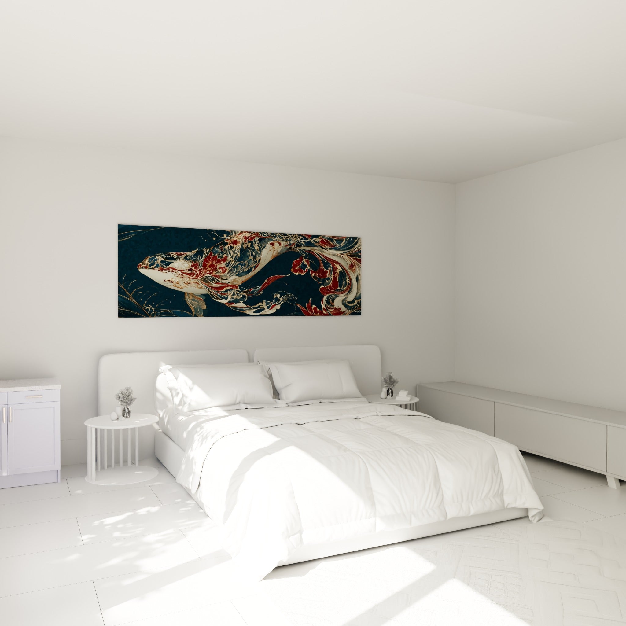 Silhouette de baleine marine aux motifs dorés et rouge bordeaux, au-dessus d'un lit dans une chambre claire