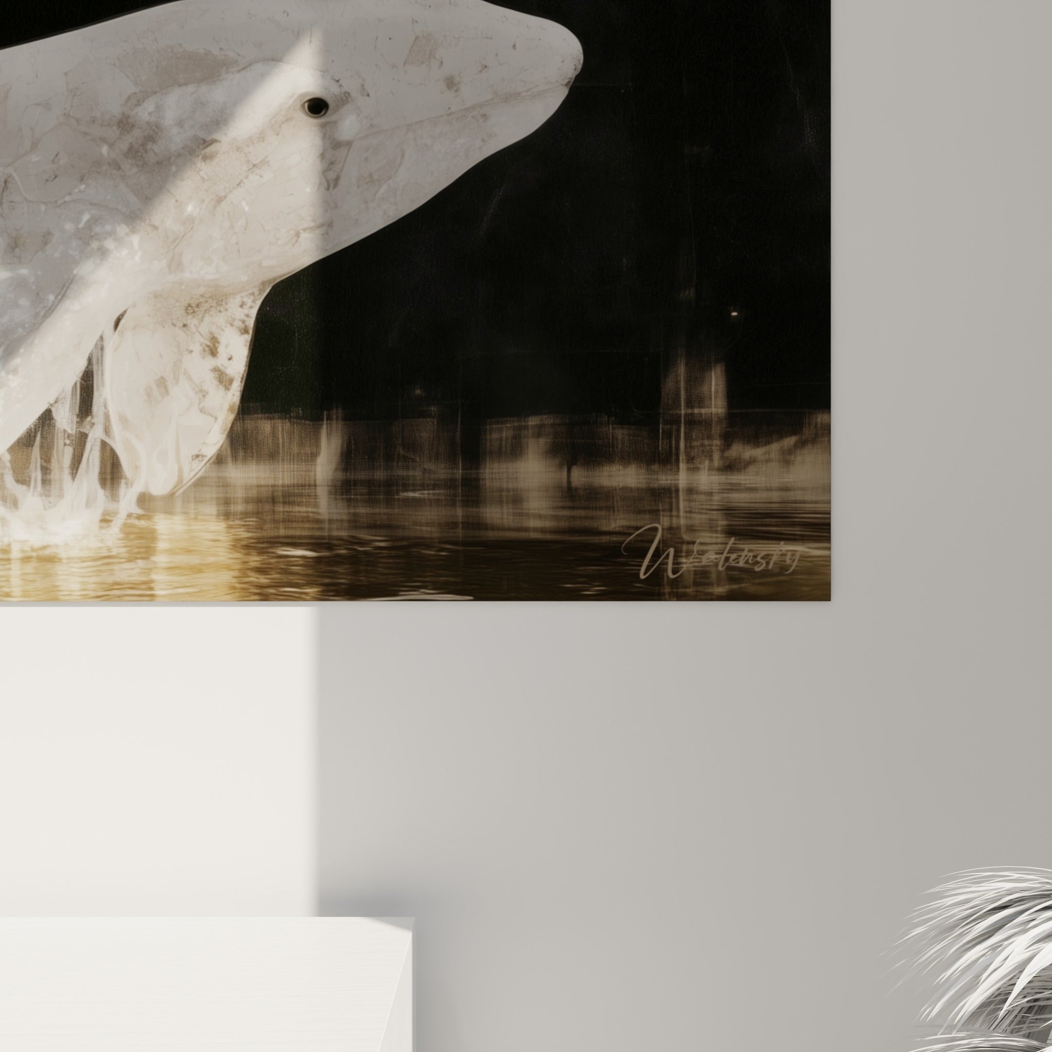 Détail des coulures blanches et dorées, texture picturale fine évoquant l'eau en mouvement sur la toile