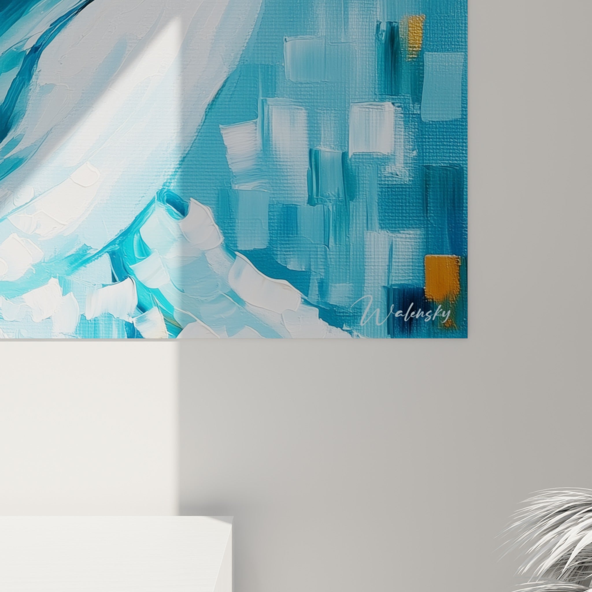 Empâtements de peinture bleu turquoise et blanc écume visibles de près, matière sculptée au couteau