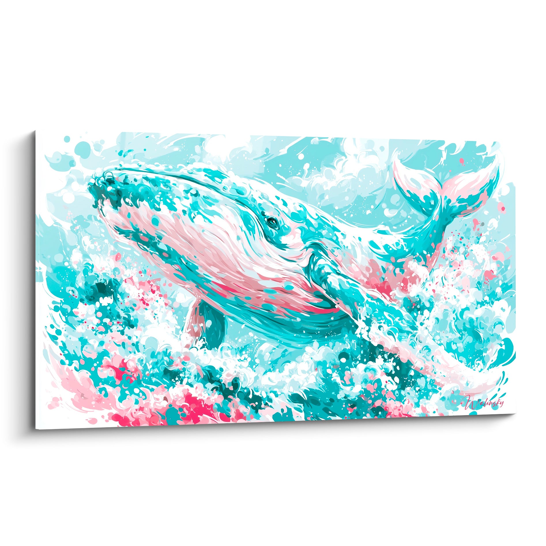Baleine turquoise et rose jaillissant des vagues, corps arqué dans une explosion d'écume blanche