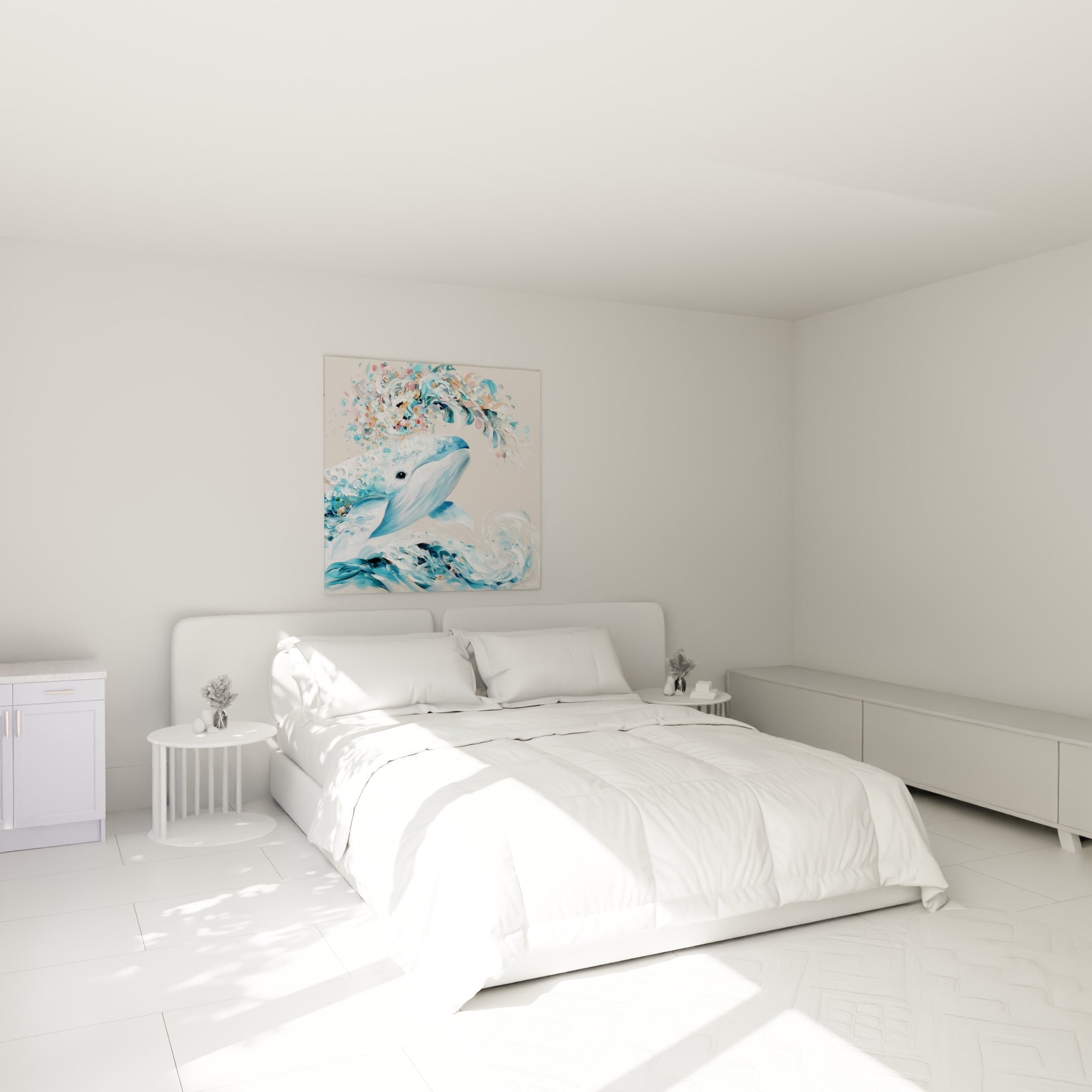 Cétacé bleu ciel et rose pastel en plein saut, accroché au-dessus d'un lit dans une chambre claire