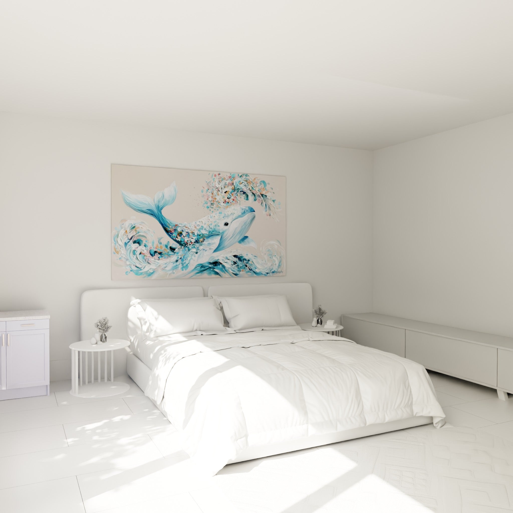 Cétacé turquoise et rose bondissant au-dessus d'un lit dans une chambre claire