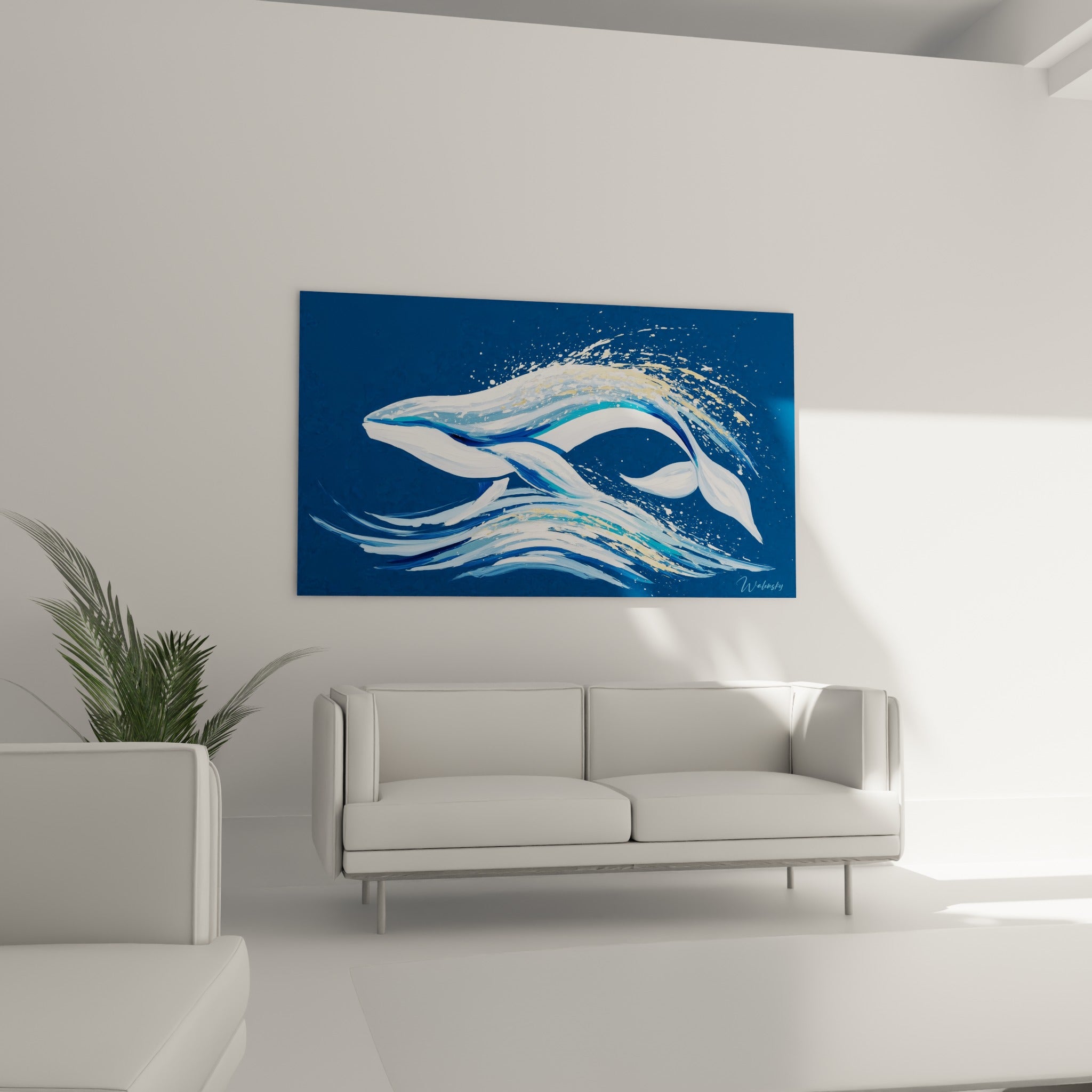 Animal marin blanc et bleu pastel jaillissant des vagues, au-dessus d'un canapé dans un salon lumineux