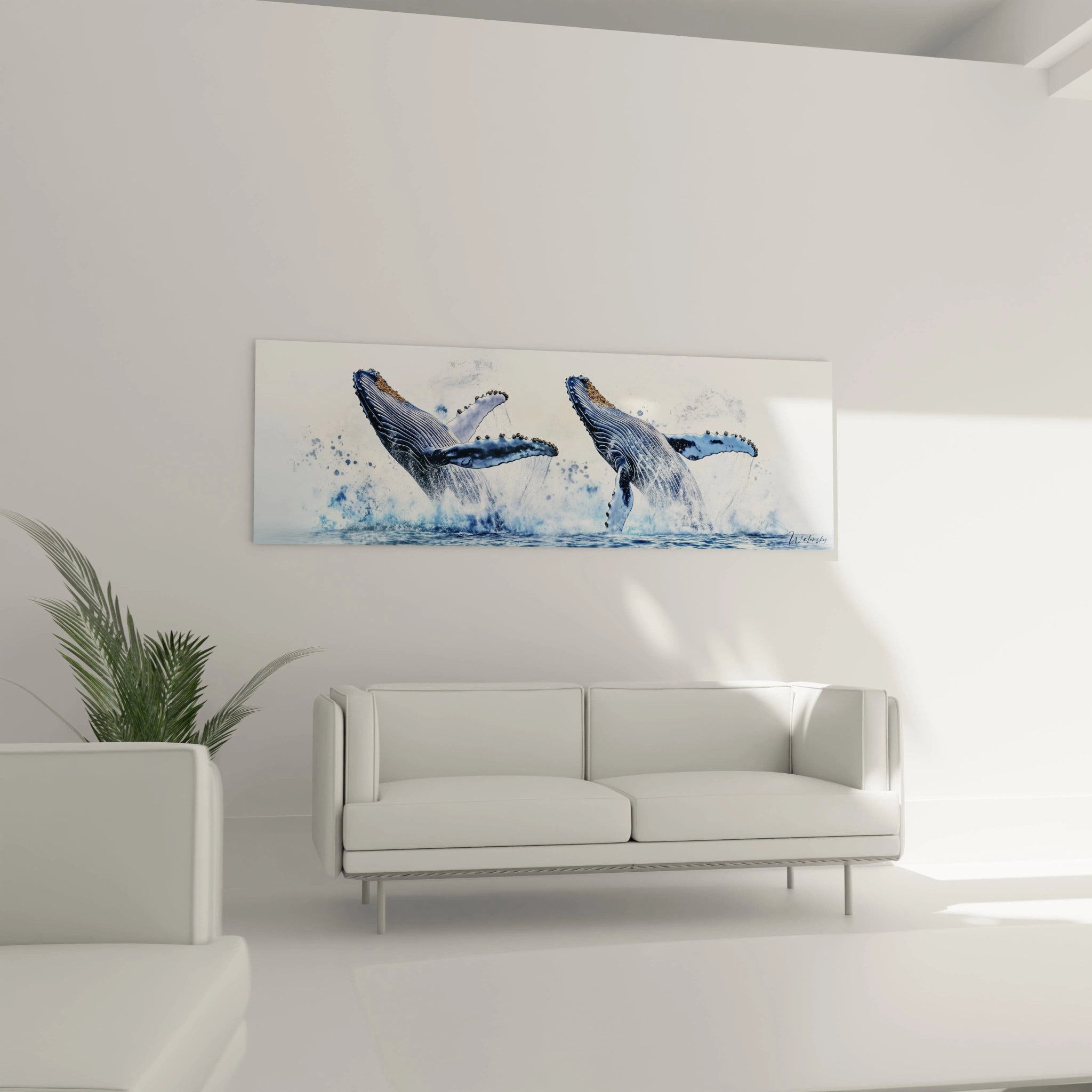Tableau baleine artistique de Walensky avec deux baleines sautant dans l'eau sur un mur moderne