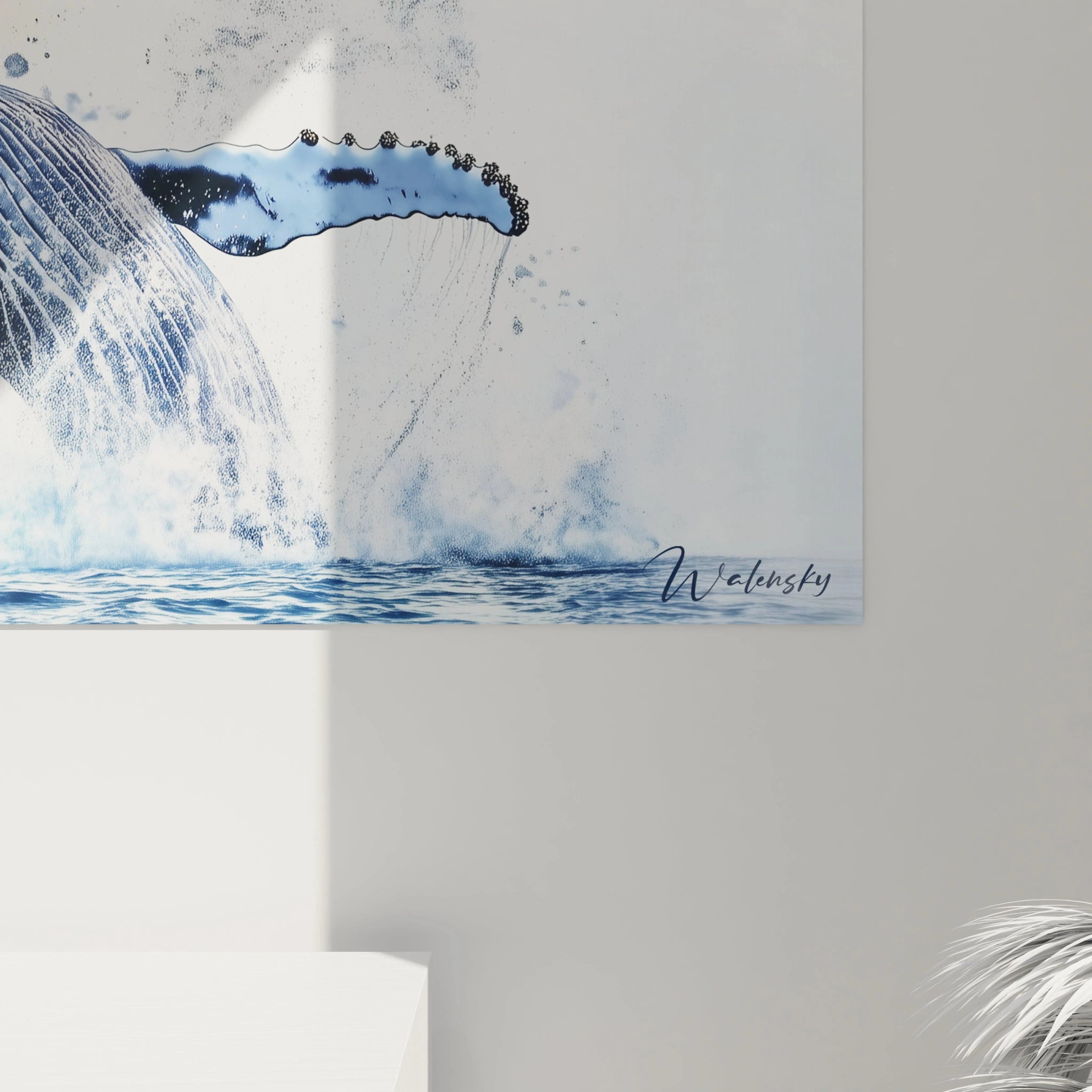 Tableau baleine de Walensky illustrant une baleine sautant avec éclaboussures d'eau