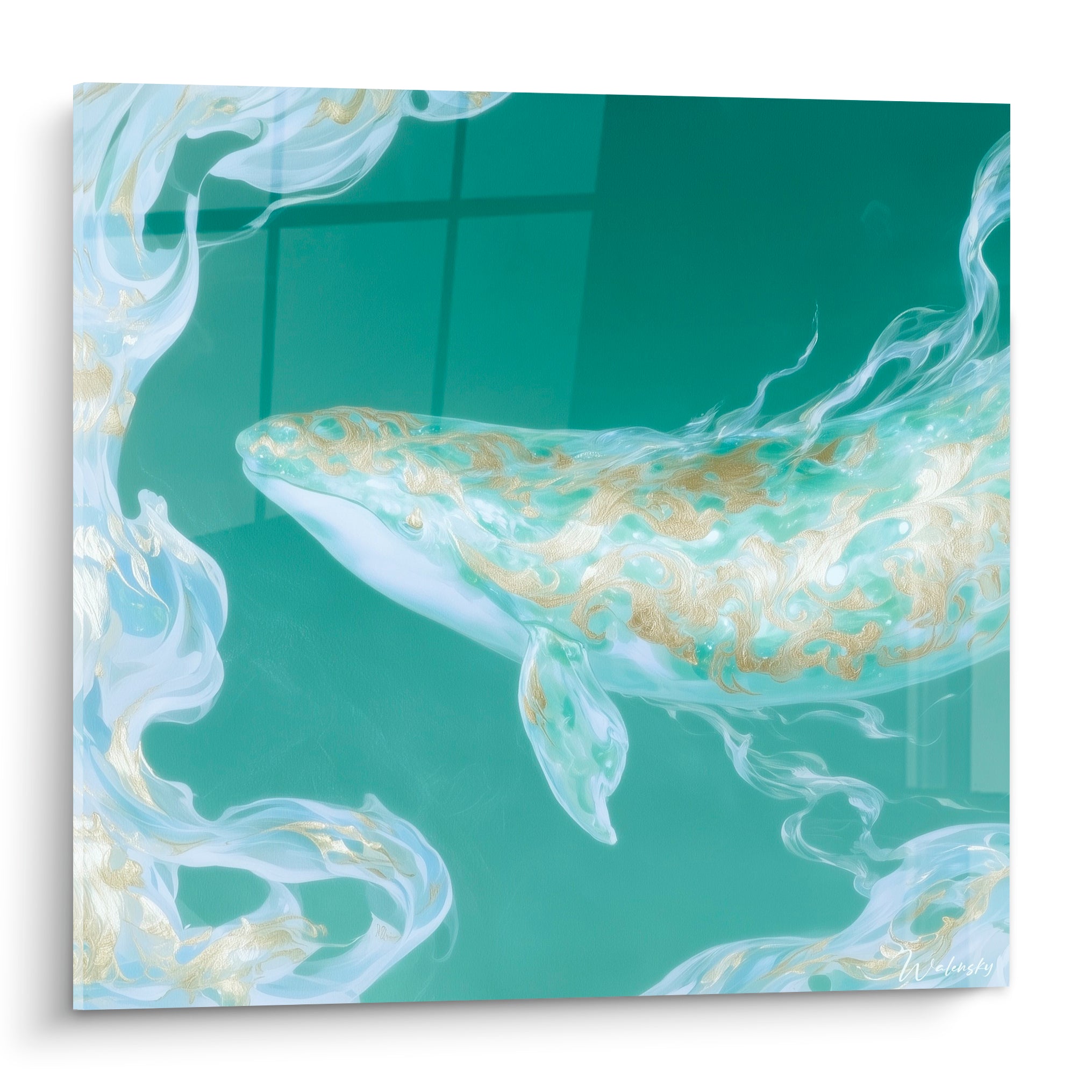 Baleine grise nageant sur fond vert émeraude, corps orné de motifs dorés et volutes blanches