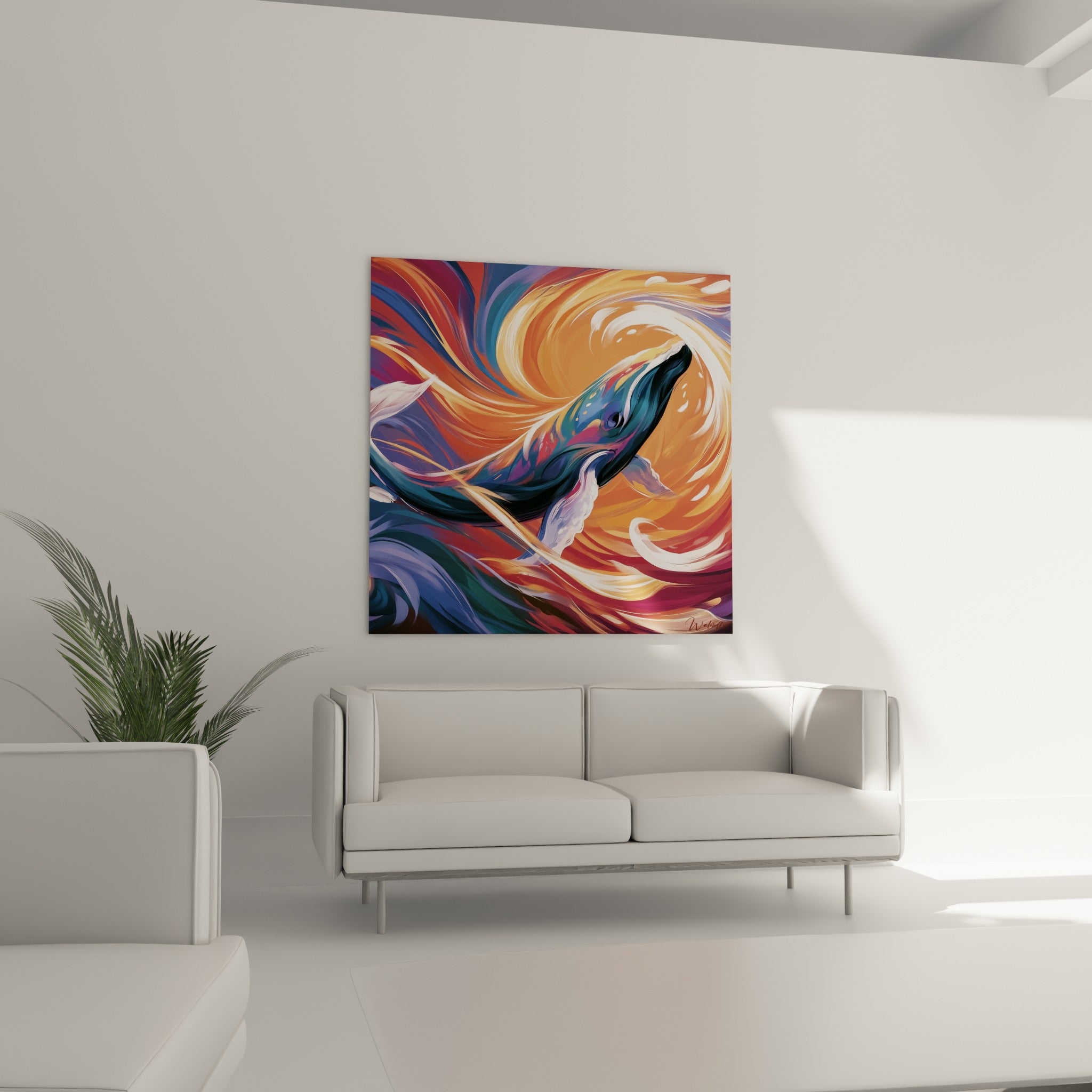 Silhouette marine violette et terracotta en mouvement, accrochée au-dessus d'un canapé dans un salon lumineux