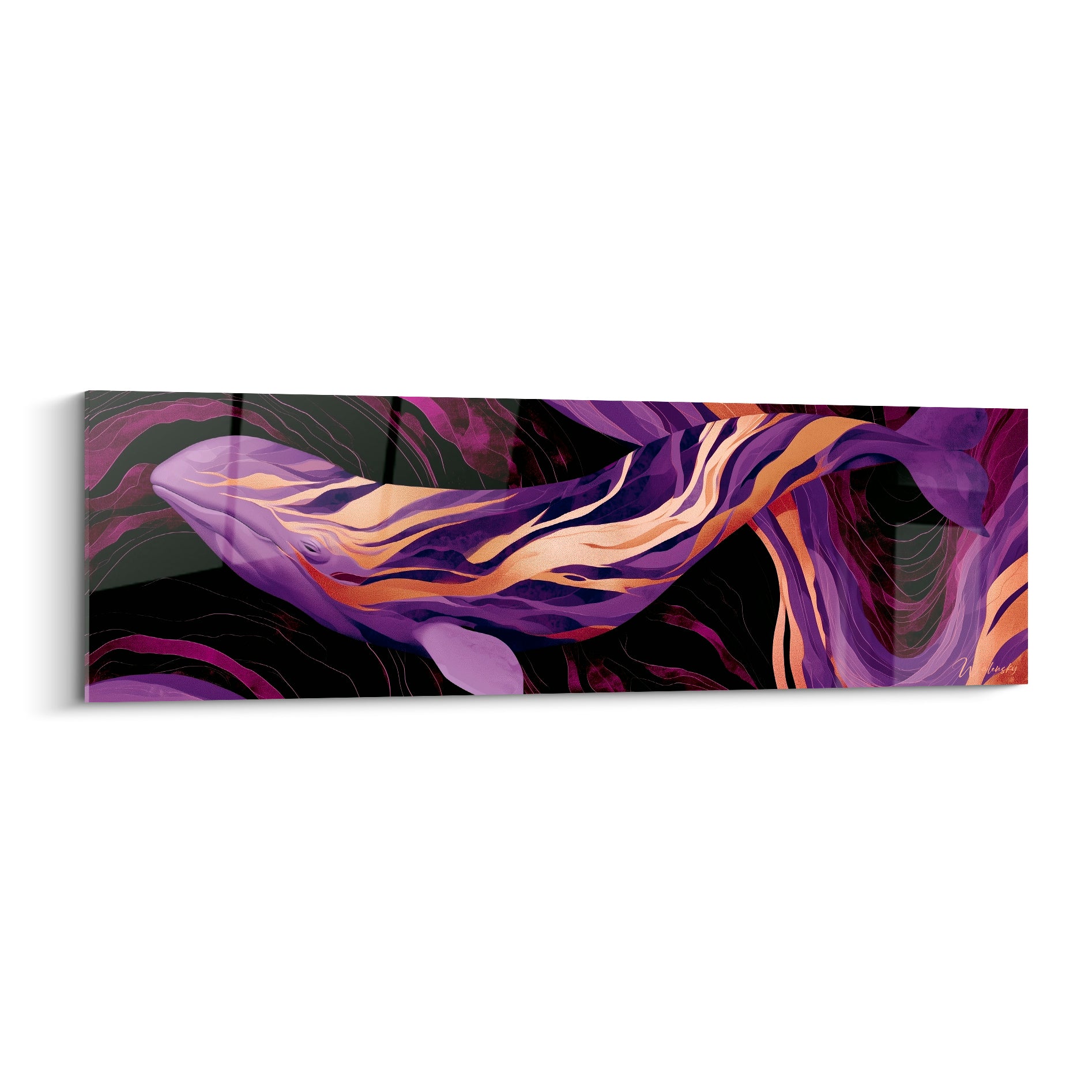 Baleine violette aux veines dorées nageant sur fond noir tourbillonnant, style marbré raffiné