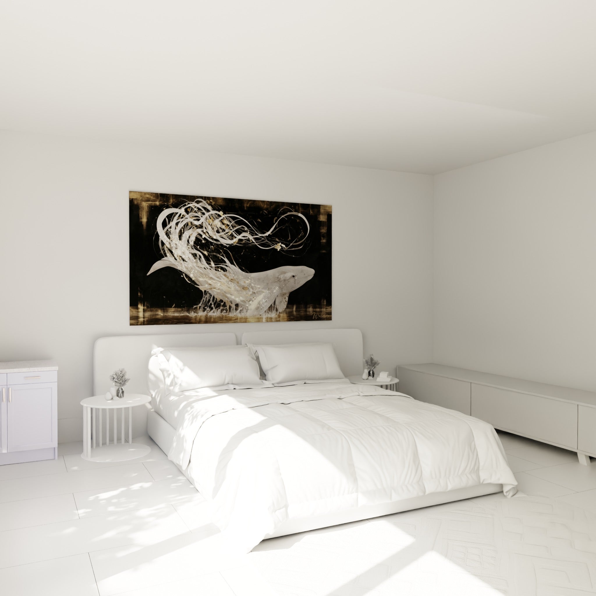 Corps massif de la baleine entouré de volutes blanches et dorées, au-dessus d'un lit dans une chambre claire