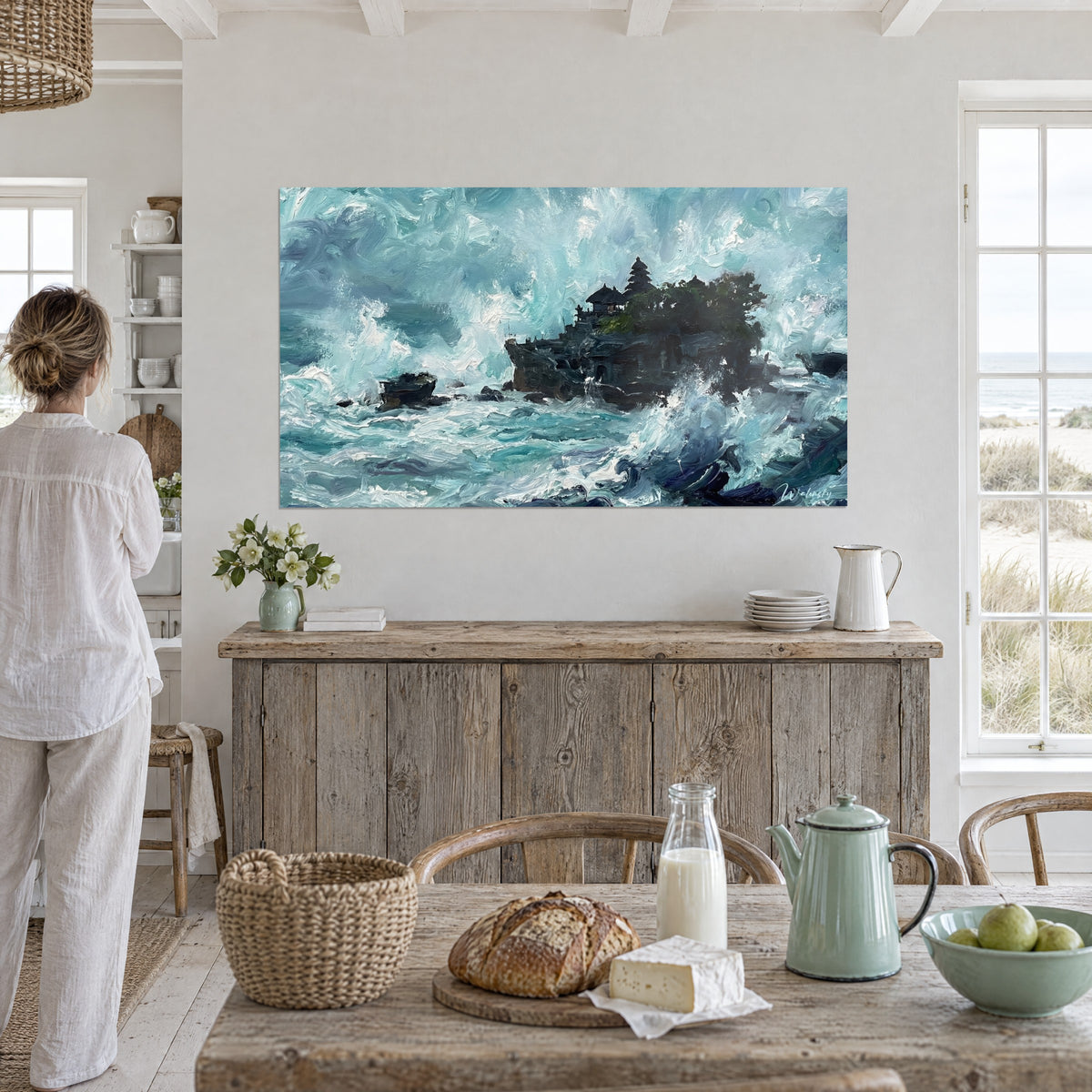 Wall art sacred storm around a dark temple, turquoise breakers with silvery highlights, white wall, seaside kitchen