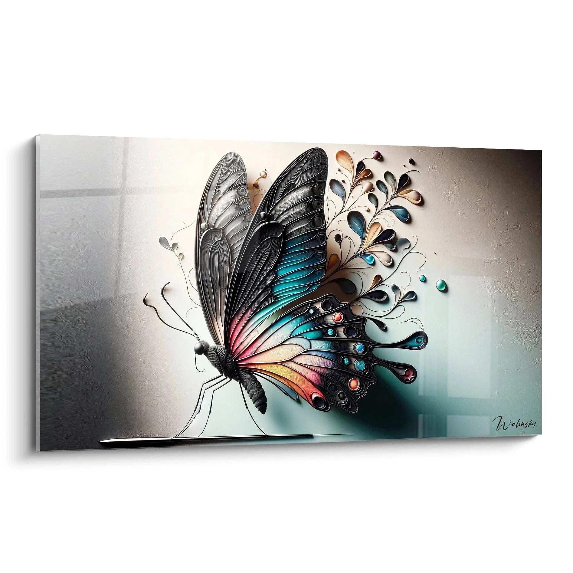 Un tableau d'animal représentant un papillon stylisé aux ailes complexes composées de formes géométriques superposées. Les teintes varient du noir et gris aux couleurs turquoise, rose et beige. La texture évoque des couches de papier découpé avec des effets de relief et de profondeur sur fond clair.