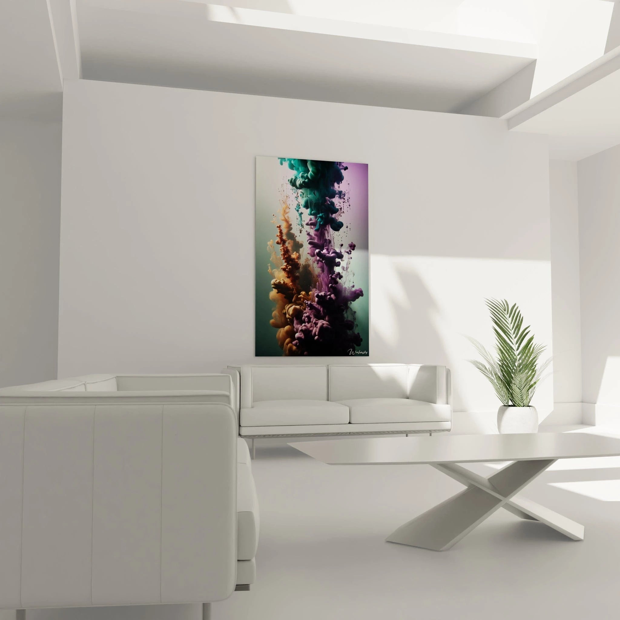 Un tableau abstrait d'encres dans l'eau montrant des colonnes de pigments turquoise, violet et orangé. Les masses colorées forment des structures bulbeuses et cotonneuses. La texture présente des zones denses, des filaments et des particules en suspension sur fond dégradé vert-bleu.