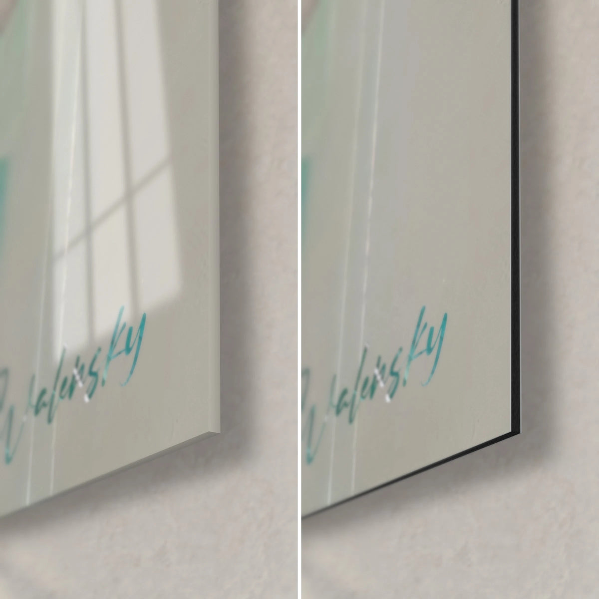 Wall art pearly jellyfish, bottom right corner: glossy acrylic glass with reflections on the left, matte white Dibond on the right, 3 mm black edge