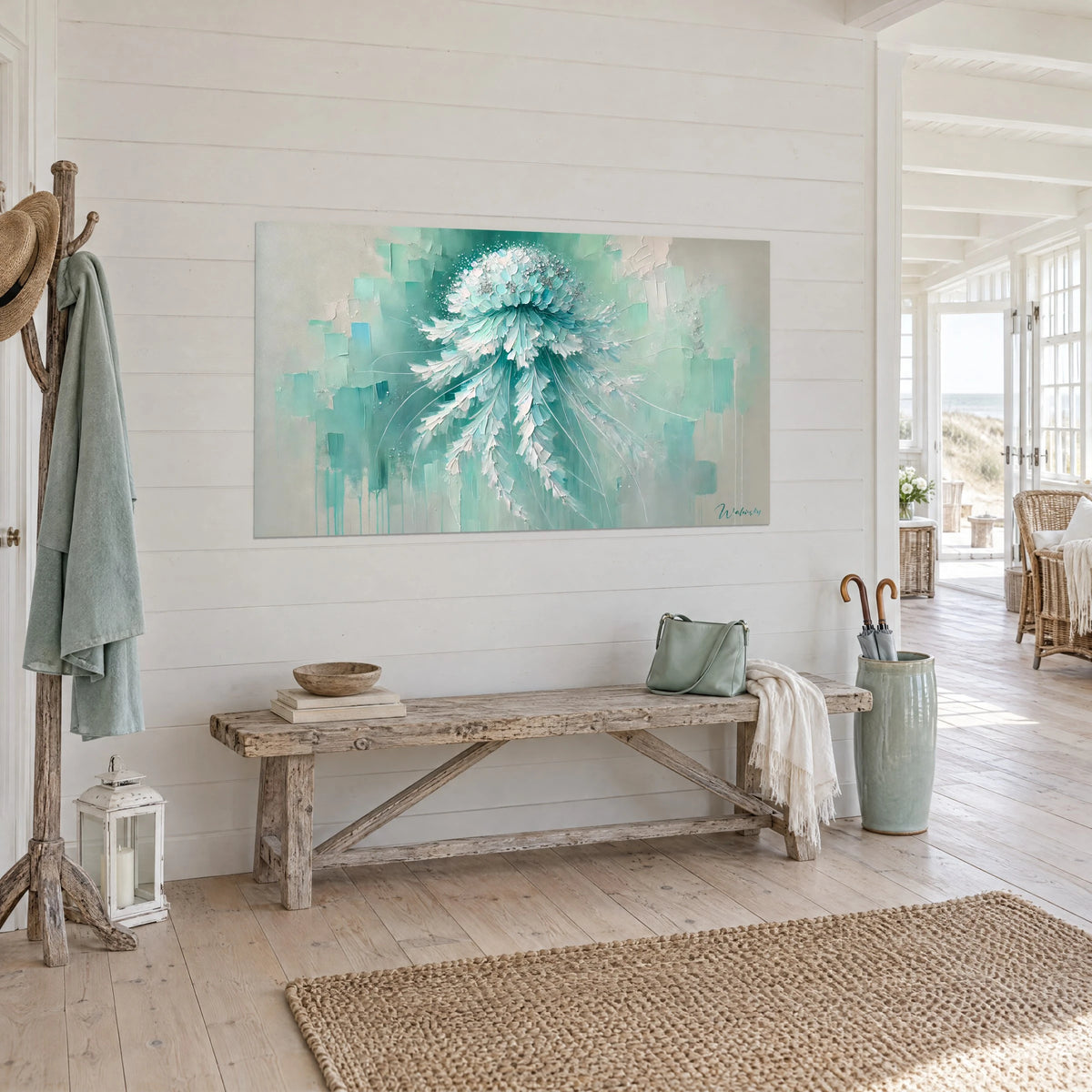 Wall art frosted umbrella jellyfish with mint and cream petals, green drips, on a white paneled wall beside a rough wooden bench