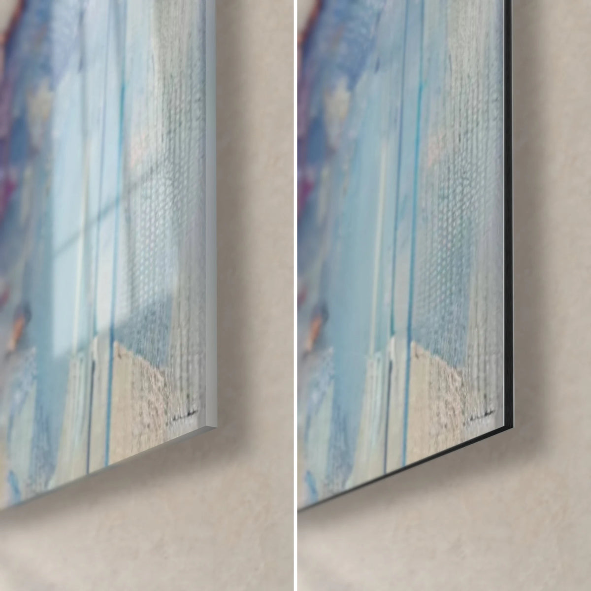 Tableau bulles de peinture rose et bleu, coin bas droit : verre brillant à gauche, Dibond mat à droite, tranche de 3 mm