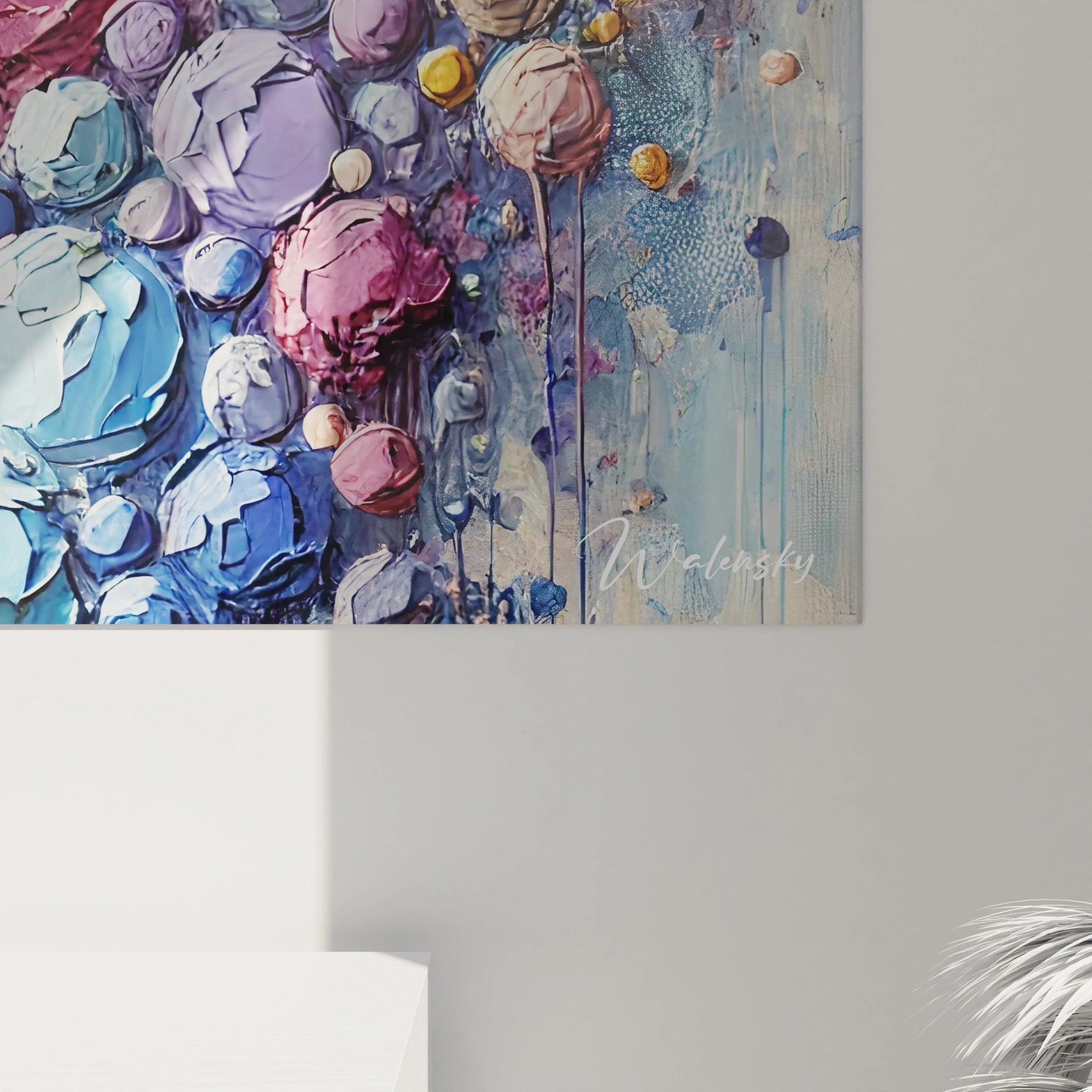 "Gros plan sur la texture en relief des bulles colorées. Les nuances de rose, bleu et orange révèlent des détails fascinants, offrant un effet tridimensionnel et un mouvement subtil."