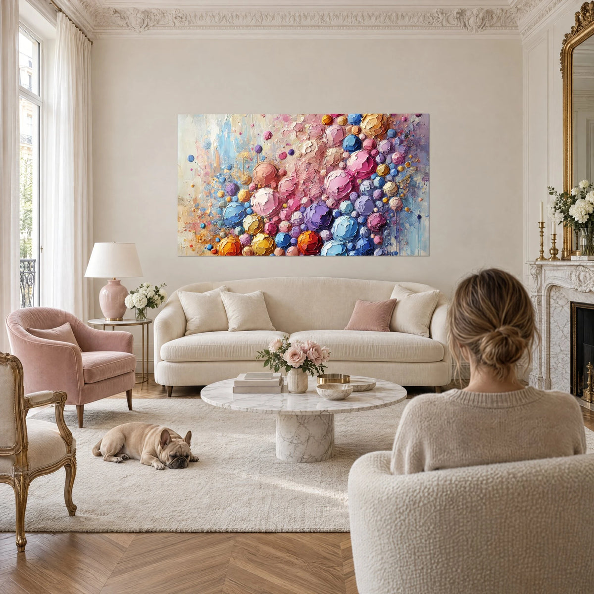 Tableau sphères de peinture en relief rose poudré et bleu ciel, empâtements dorés, au-dessus d'un canapé dans un salon lumineux