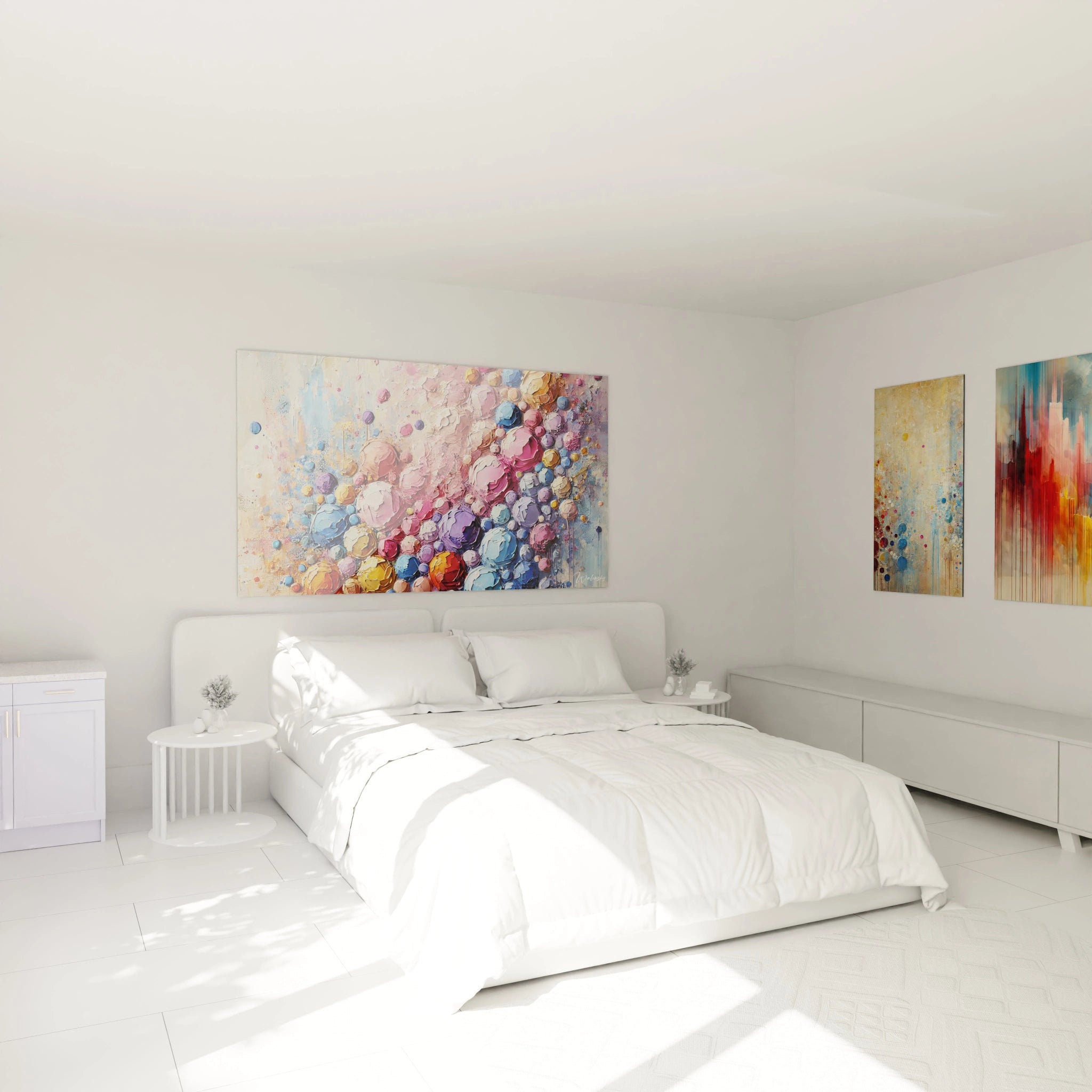 "Tableau multicolore de bulles flottantes accroché au-dessus du canapé dans un salon. Les nuances vives de rose, bleu et jaune donnent une ambiance vivante et accueillante à l'intérieur."