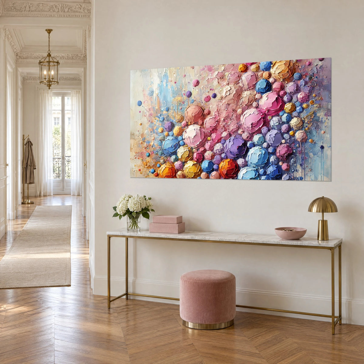 Tableau bulles abstraites en pâte épaisse, rose, violet et jaune safran, vue de trois-quarts au-dessus d'une console dorée