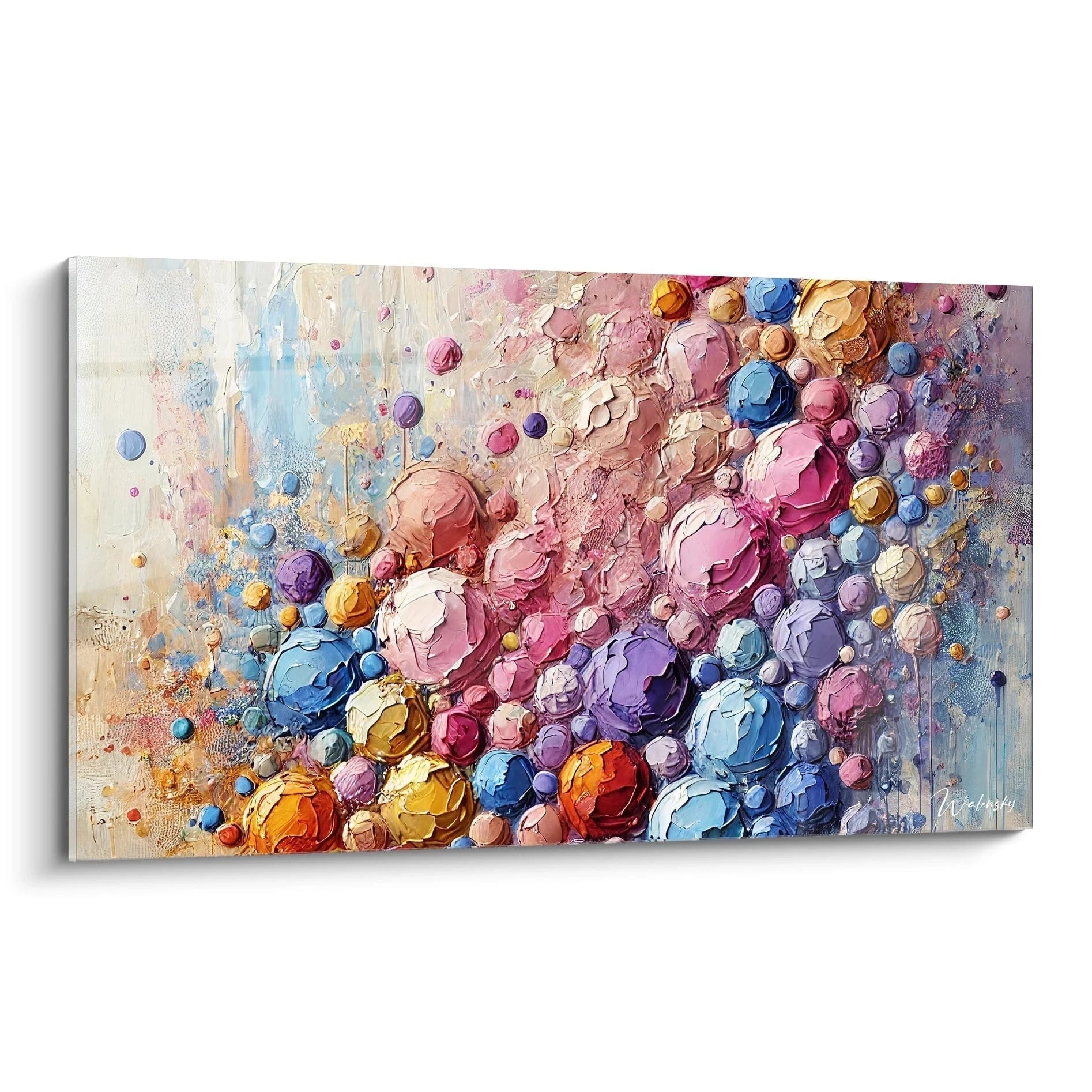 "Tableau coloré de bulles flottantes, présentant des sphères en relief aux teintes vives comme le rose, bleu et orange. Effet tridimensionnel captivant et dynamique, idéal pour tout intérieur moderne."