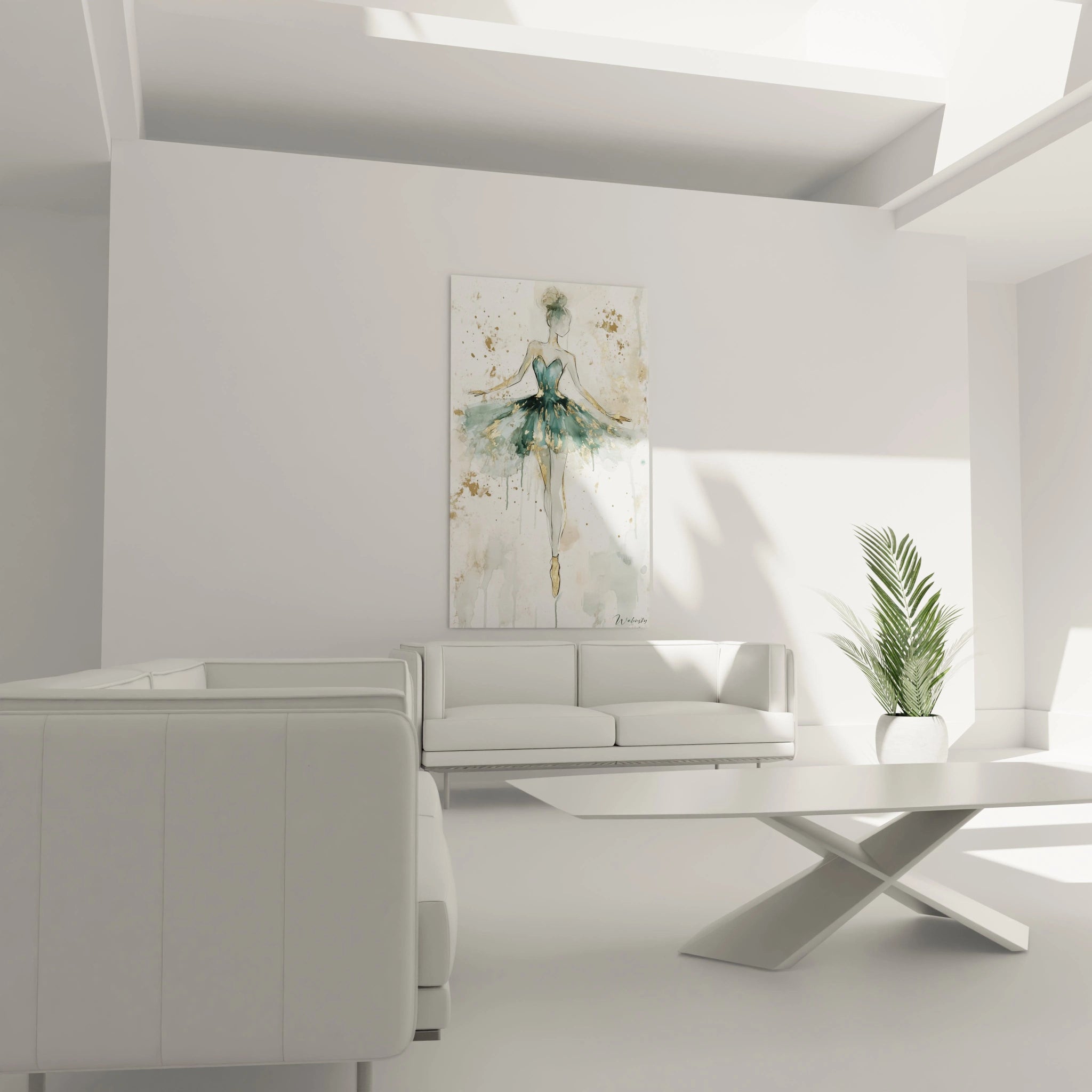 Une représentation artistique d’une danseuse abstraite, intégrant des nuances dorées et vertes, avec des détails aquarelles et un fond texturé de projections beige et or.