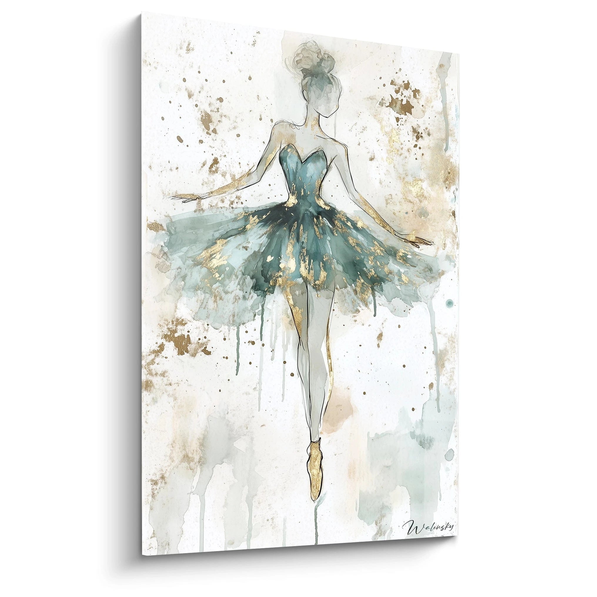 Un tableau danseuse abstrait montrant une silhouette stylisée en tenue verte, avec des touches dorées et des textures aquarelles. Le fond présente des éclaboussures et des nuances beige clair.
