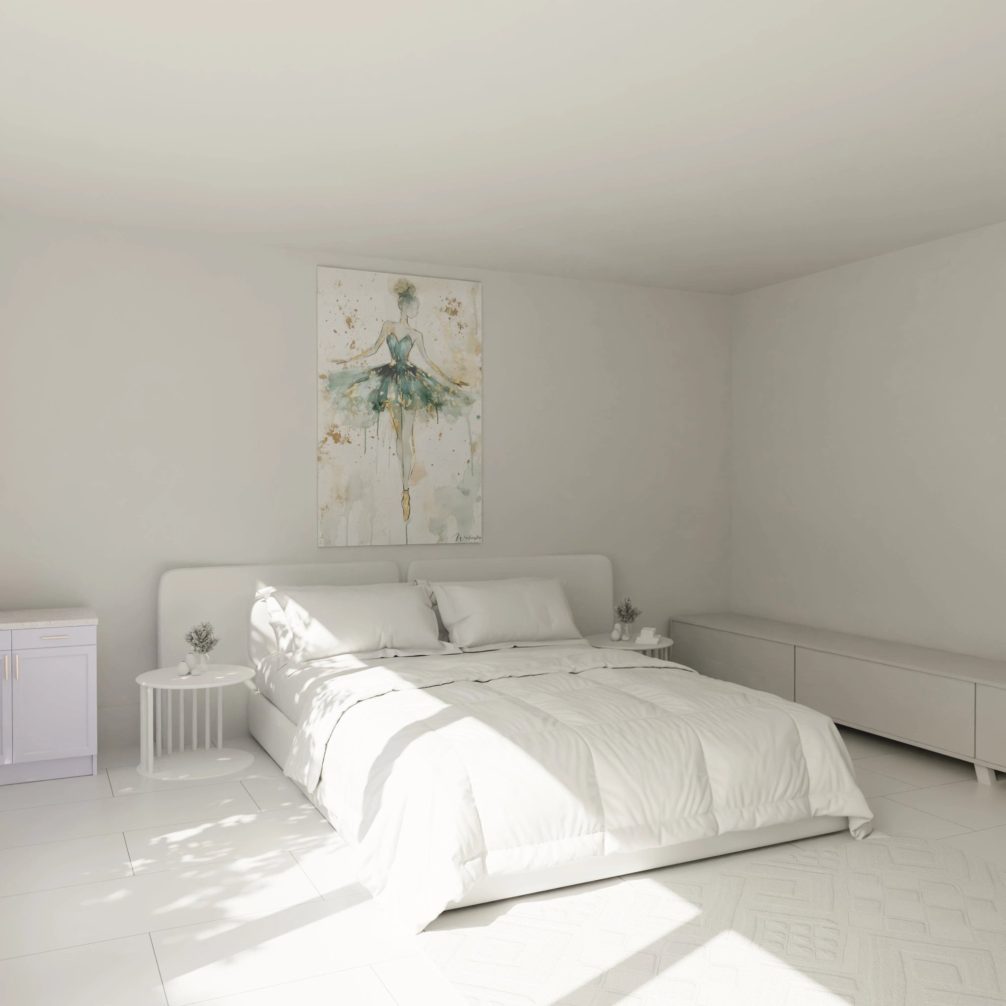 Tableau danseuse abstrait illustrant une figure féminine en tutu, dans des teintes vert émeraude et or, entourée de taches fluides et d’effets visuels de coulures sur fond blanc.