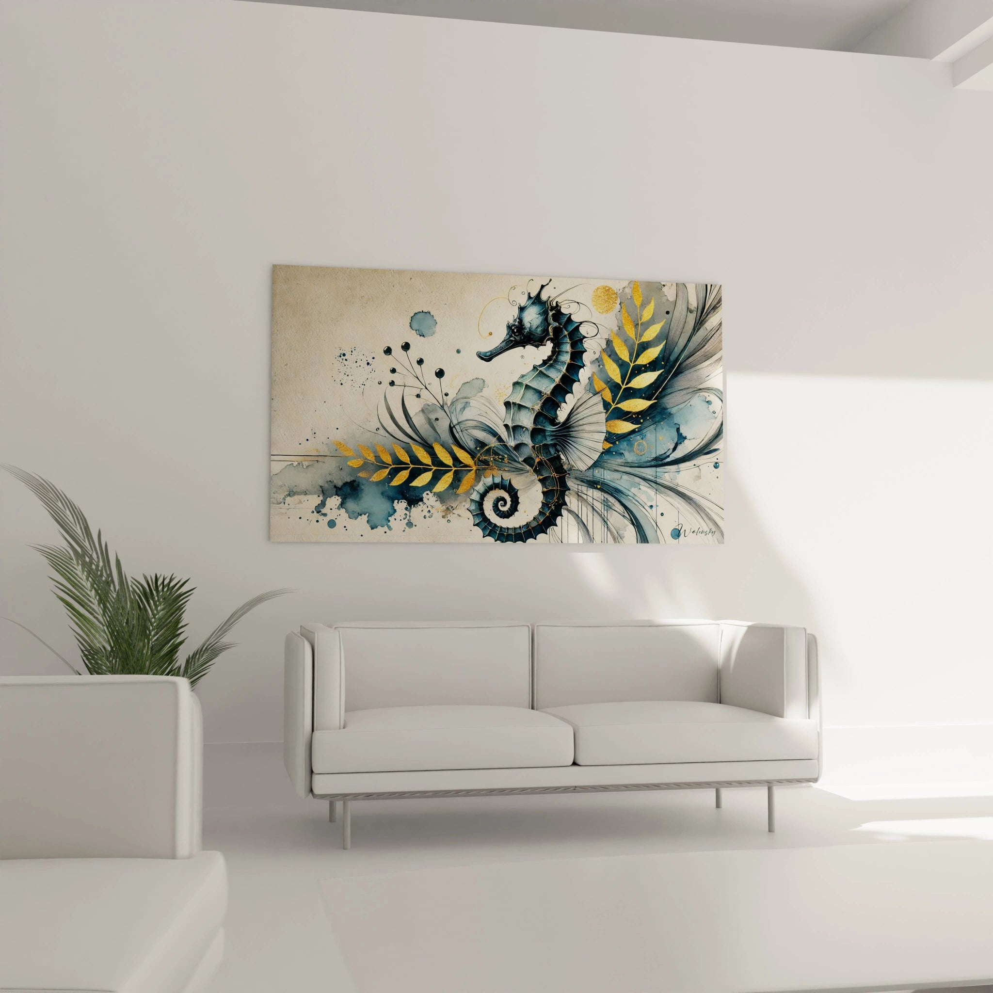 Sublimez votre salon avec ce tableau hippocampe. Accroché au-dessus du canapé, il attire l'œil par ses feuilles dorées et ses nuances de bleu, créant une ambiance moderne et élégante.